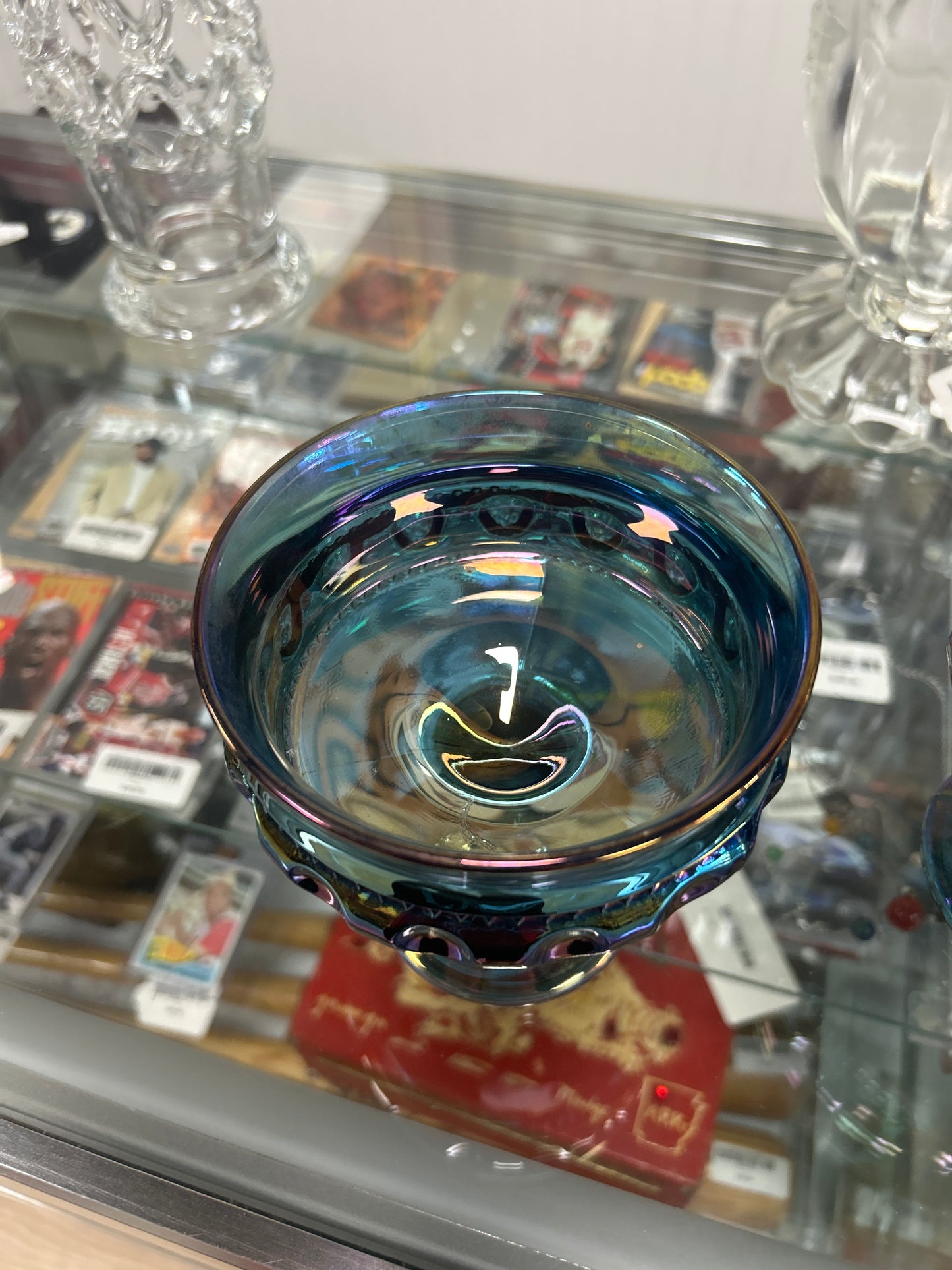 Vintage Iridescent Blue Carnival Glass Compote or Candy Dish: Indiana Glass Kings Crown Design