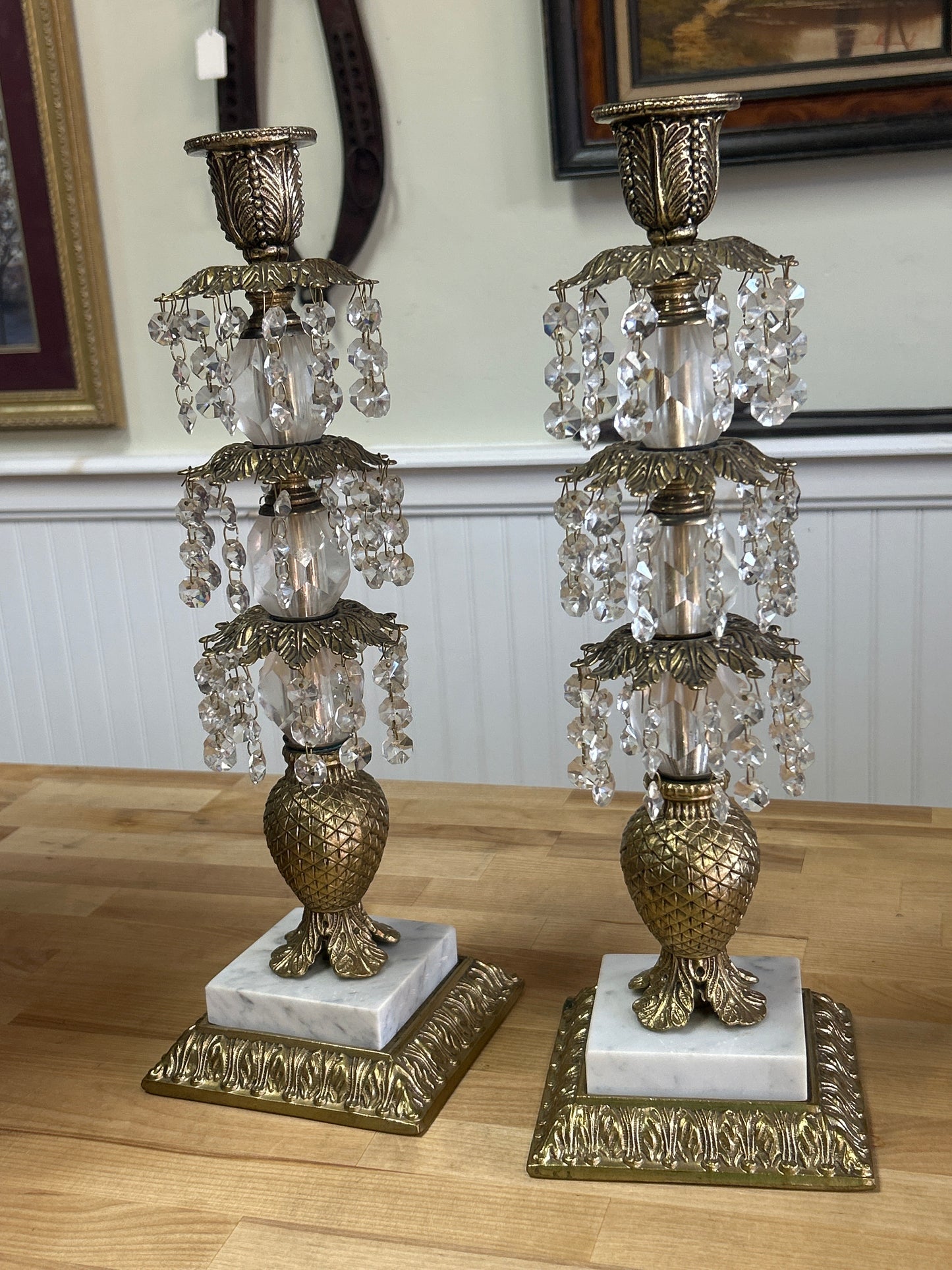Pair of Vintage Hollywood Regency Style Ornate Gold cast Brass w/ Marble Base Candlestick Holders