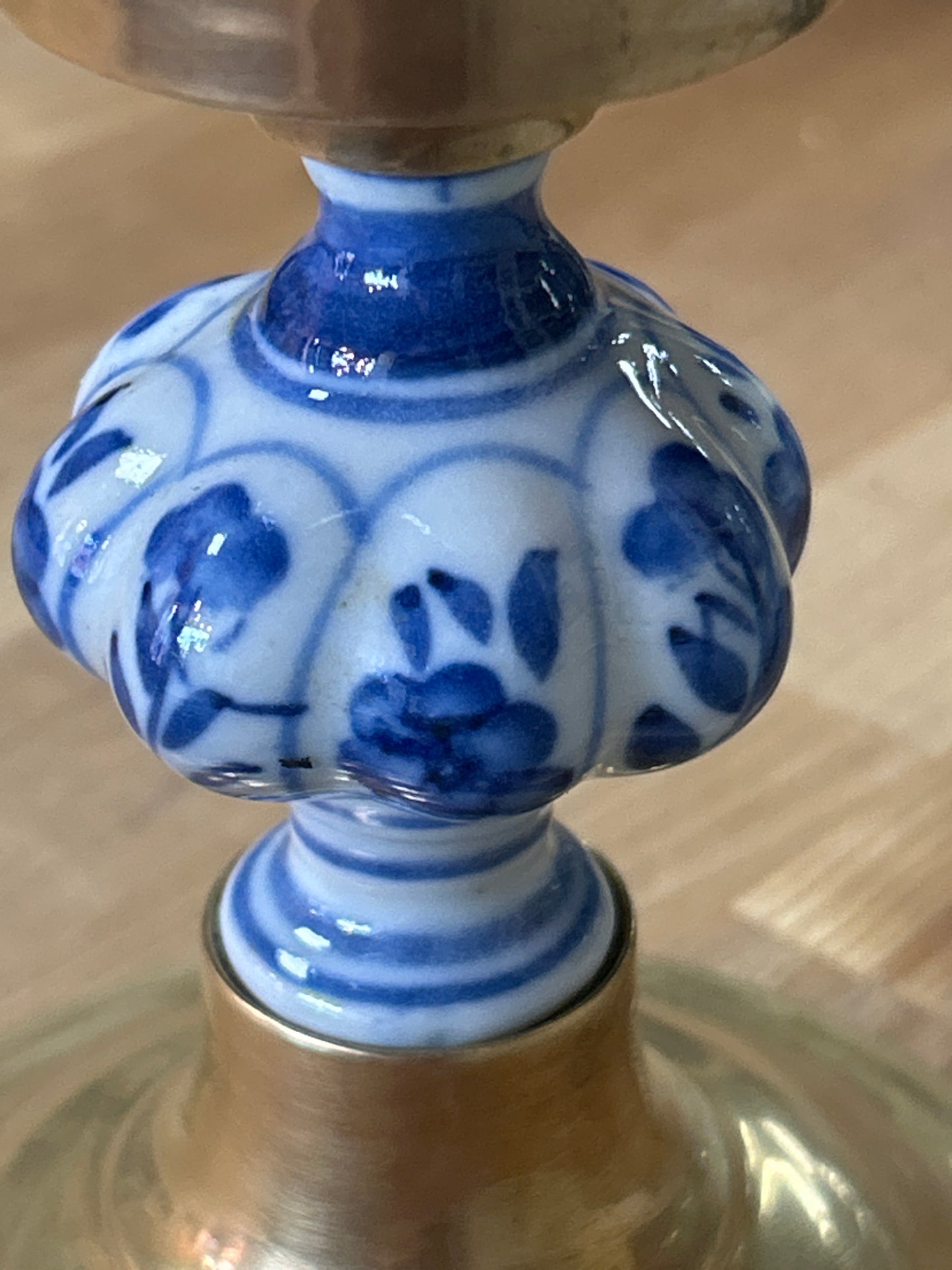 Vintage Hurricane Lamp Solid Brass and blown glass w/blue and white flower motif