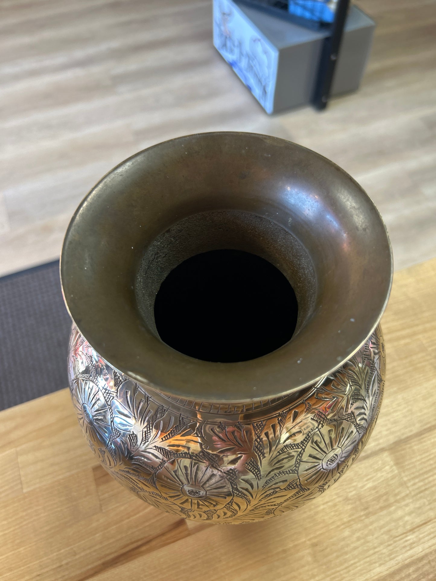 Vintage Engraved Brass Vase 10.5”