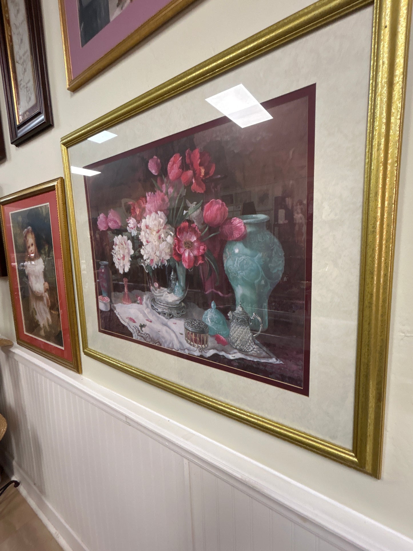 Framed and matted art print titled "Spring Bouquet in Silver Vase" by Glenna Kurz.