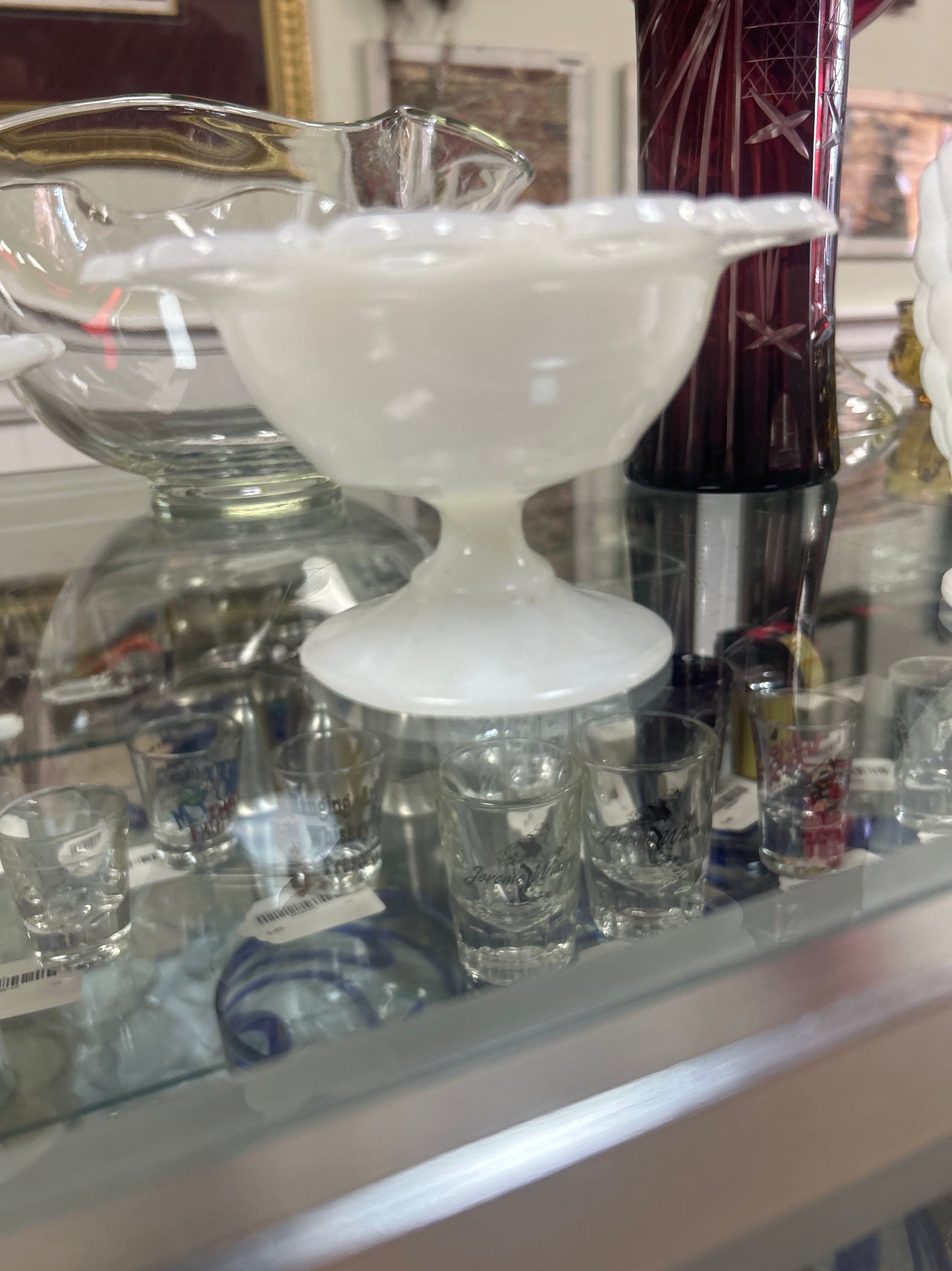 Small Lace Edge Milk Glass  Footed Bowl 5 Inches Wide 3 Inches Tall