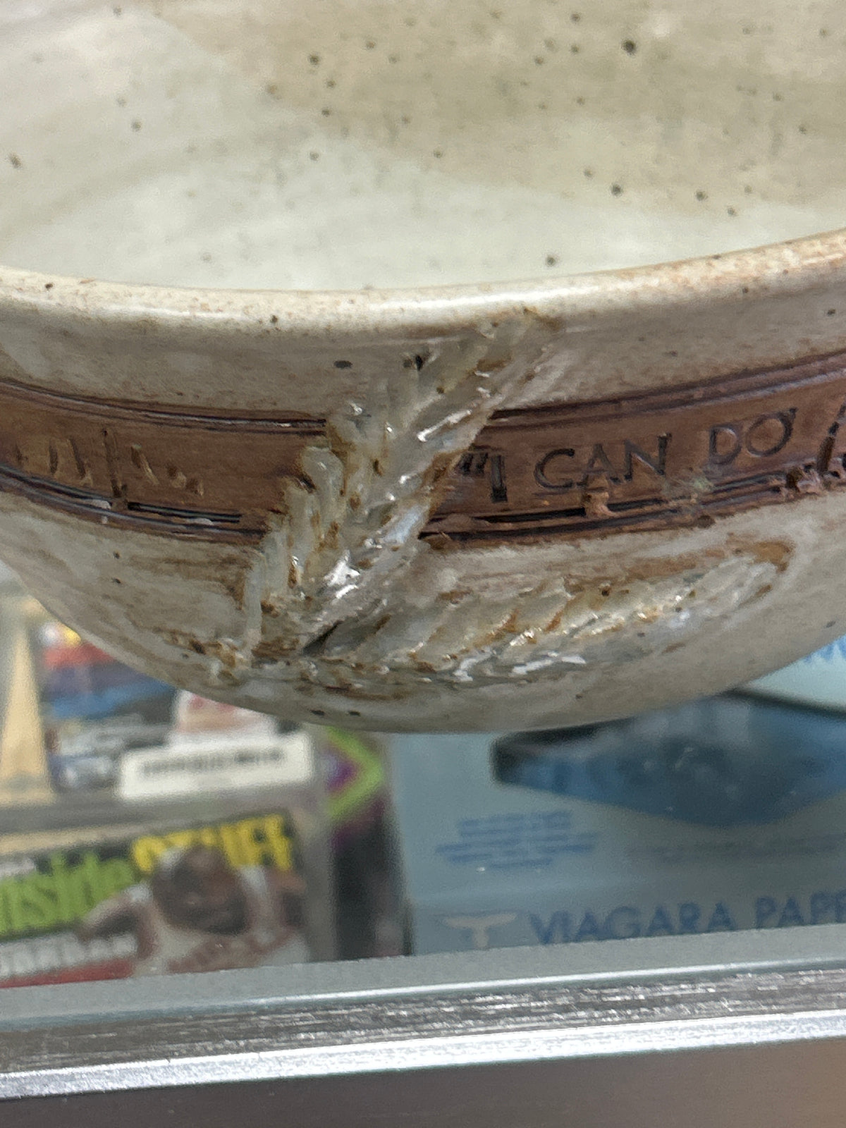 Studio stoneware bowl with a speckled off-white 98’ Philippians 4:13 pressed lettering