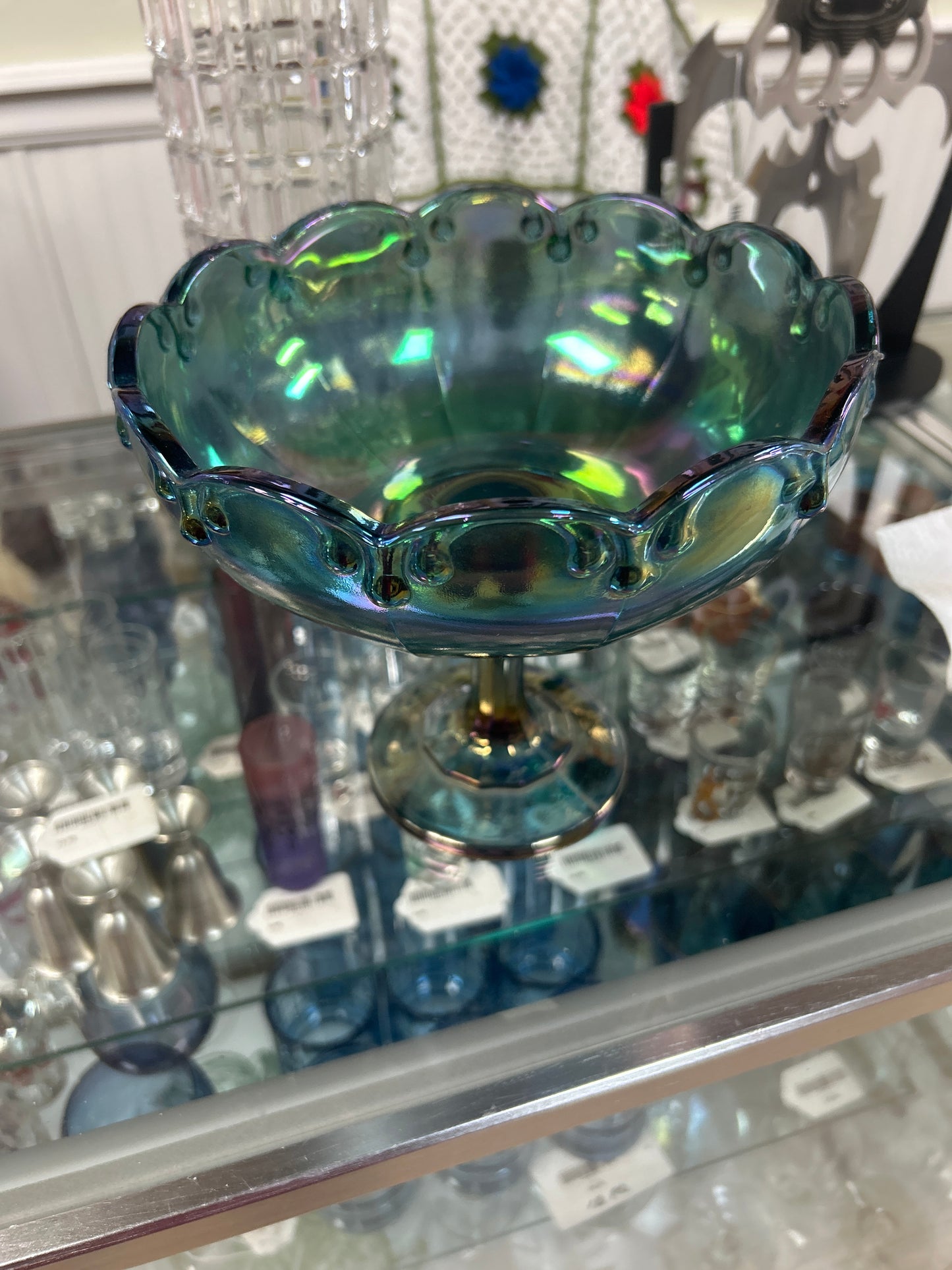 Vintage Indiana Glass Iridescent Carnival Garland Blue Compote Bowl