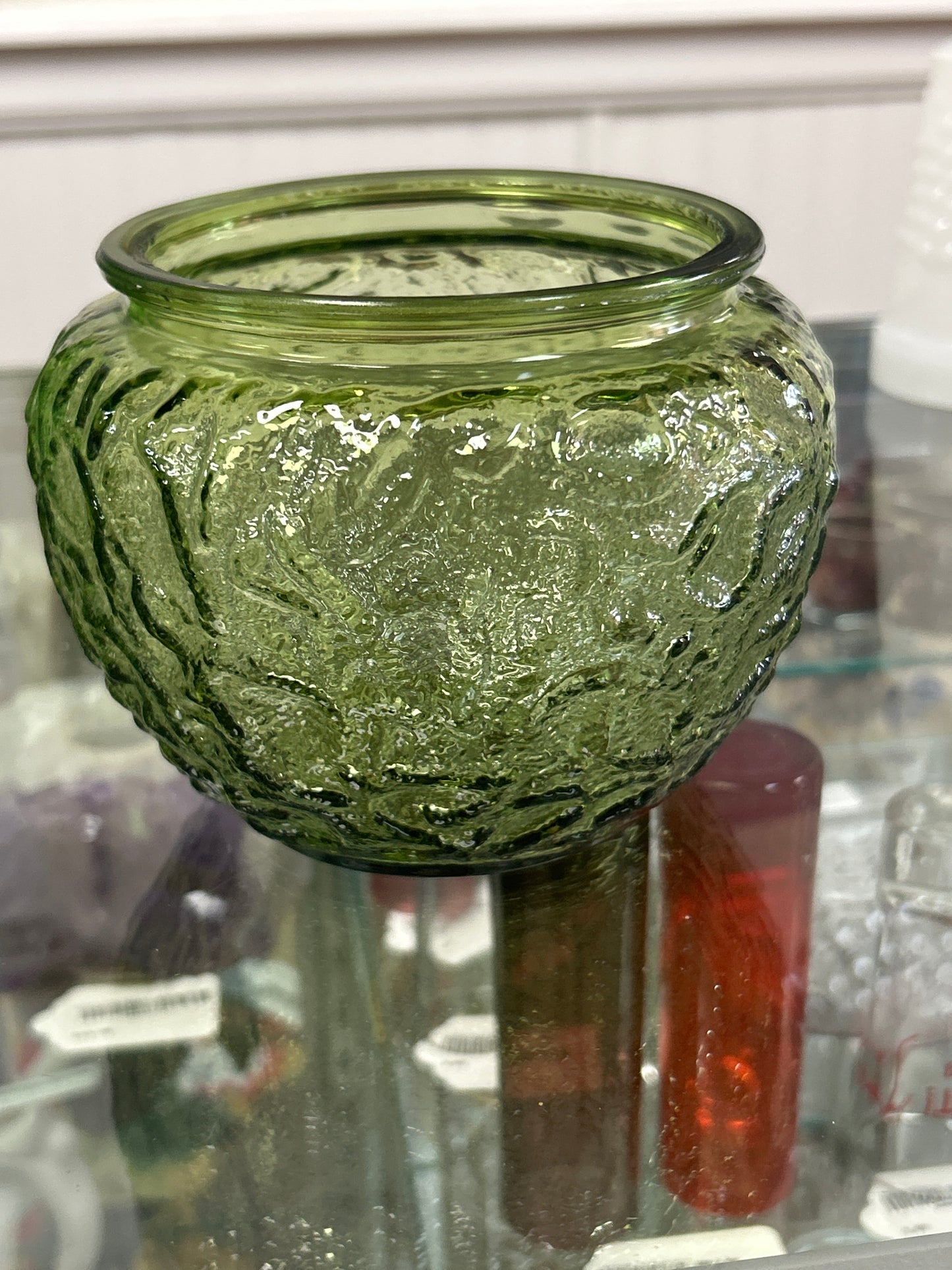 Vintage 1970s E.O Brody Co Crinkle Glass Bowl / Vase / Planter. Avocado Green USA