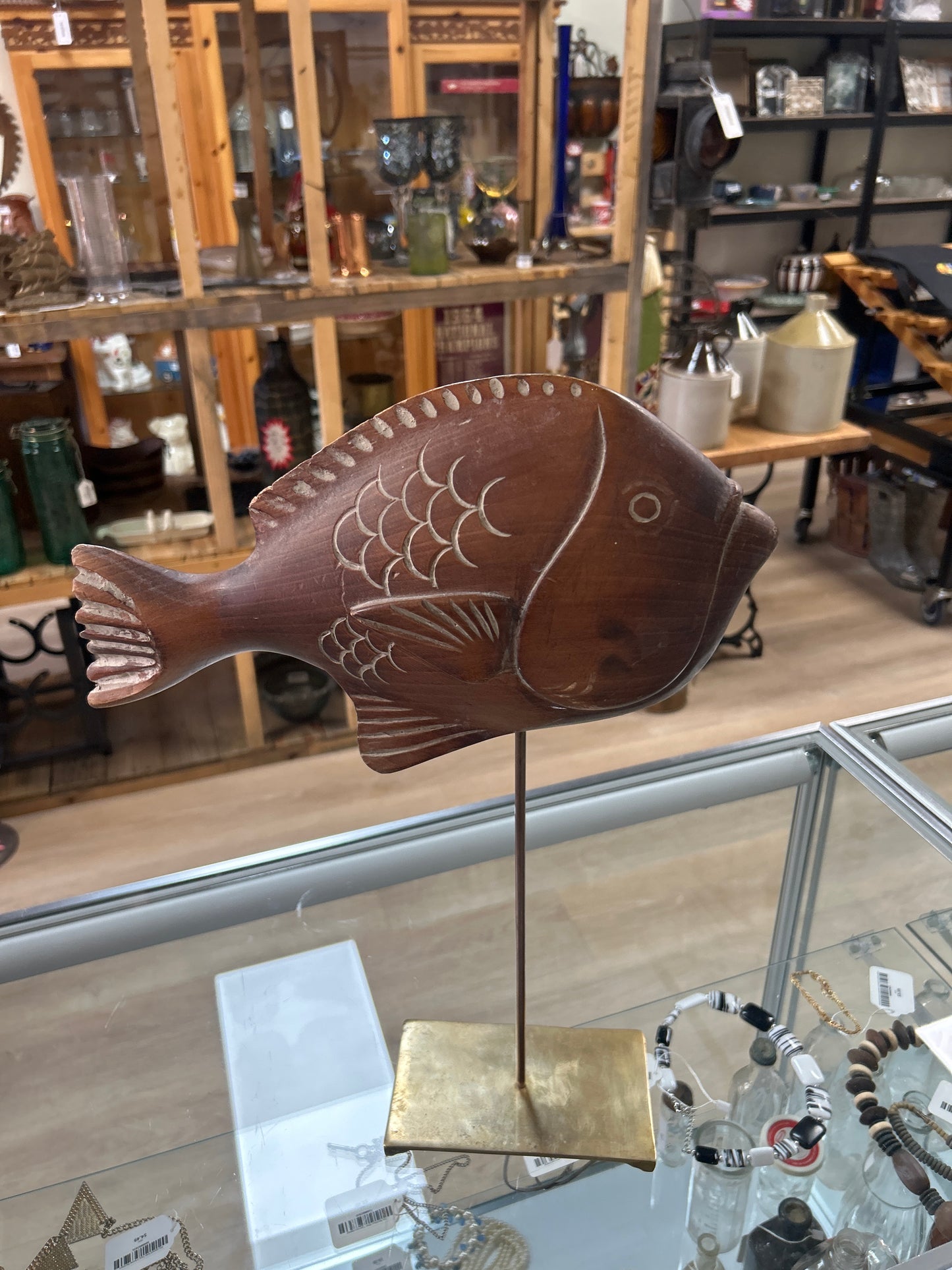 V Sarreid Ltd. sculpture from 1977, wooden fish mounted on a brass stand