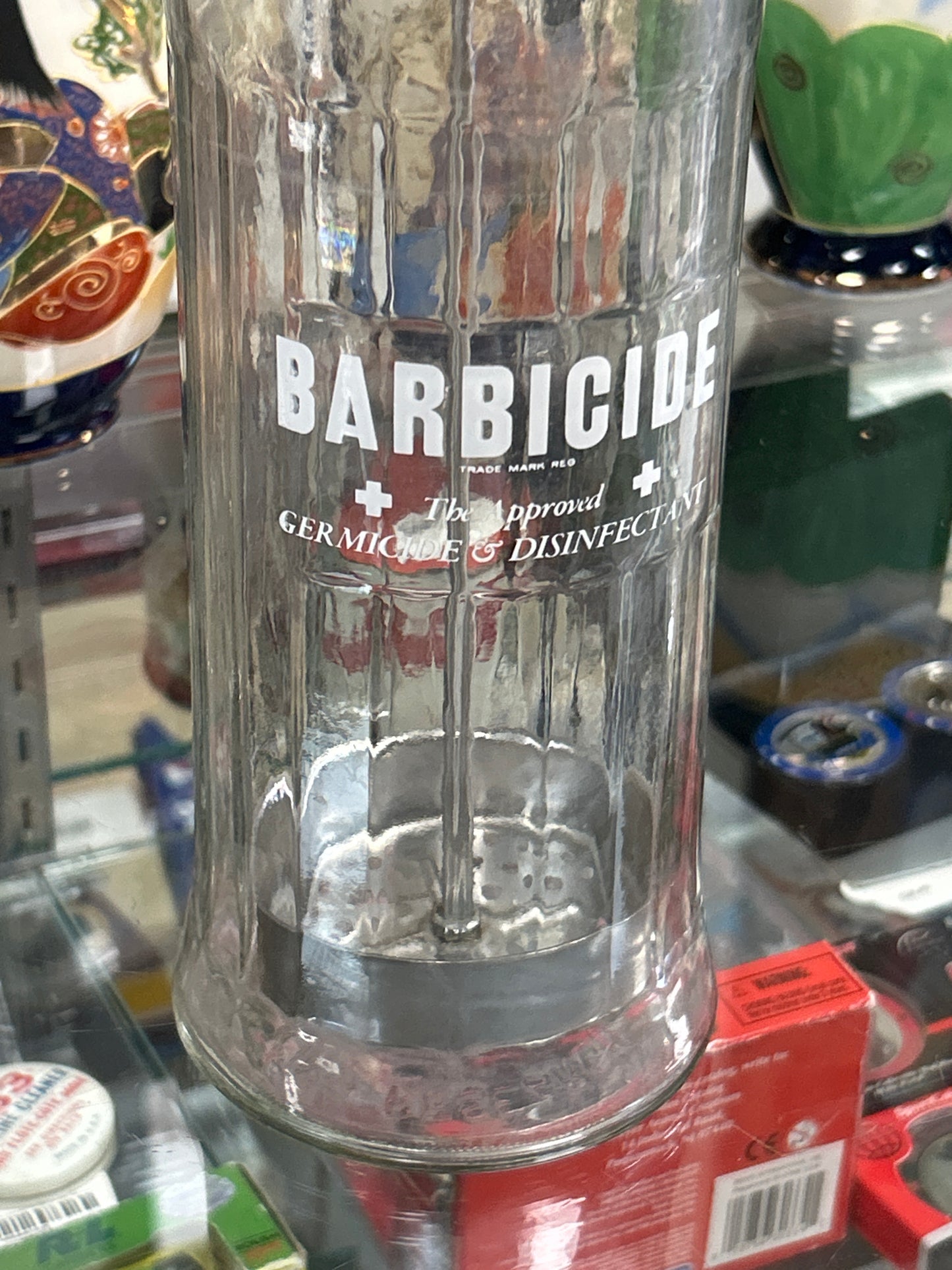 Vintage  Barbicide Barbers Disinfectant Glass Jar w/ Metal Lid and Insert