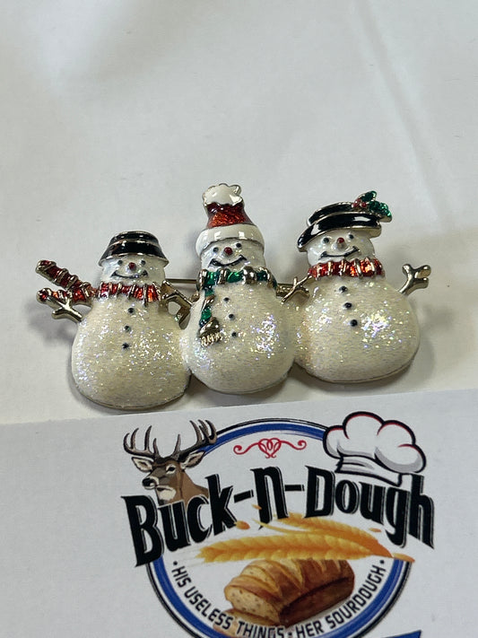Vintage Holiday Sparkle Enamel Smiling Snowmen Trio Pin Brooch