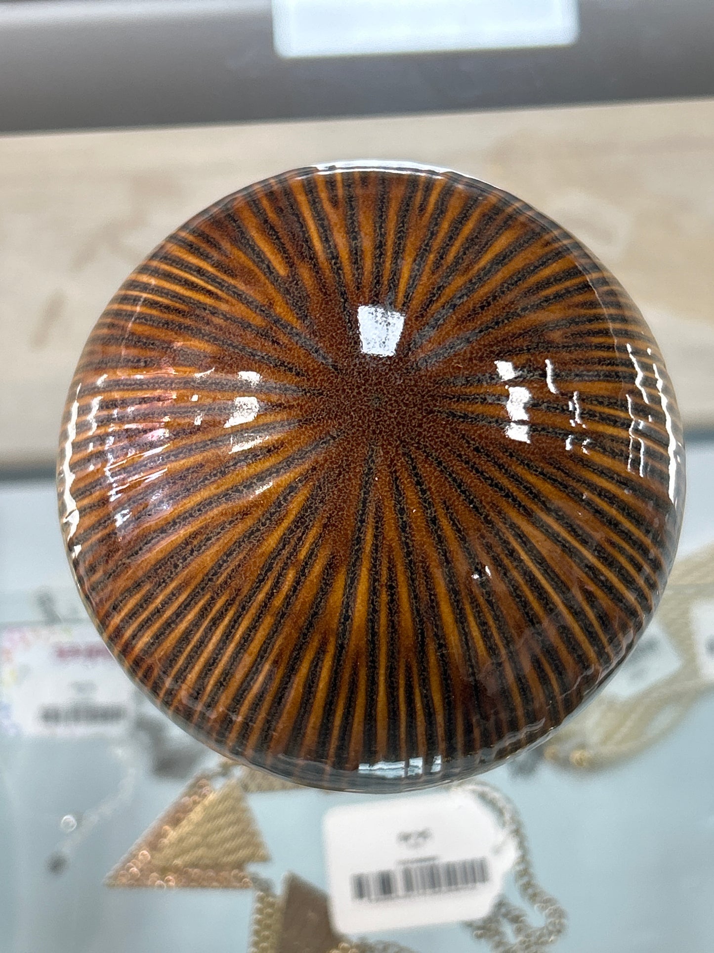 Glazed Pottery Globes (tones brown lined) 4 1/2”