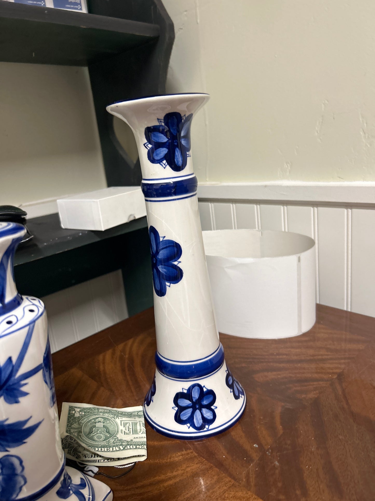 Blue and White Ceramic Candlestick Holder 11”