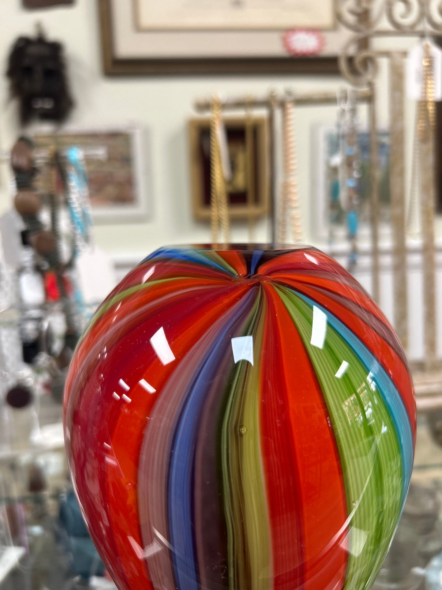 Handmade Murano glass vase featuring a colorful "canna" (vertical striped) design 8” and 3 1/2 lbs (beautiful)