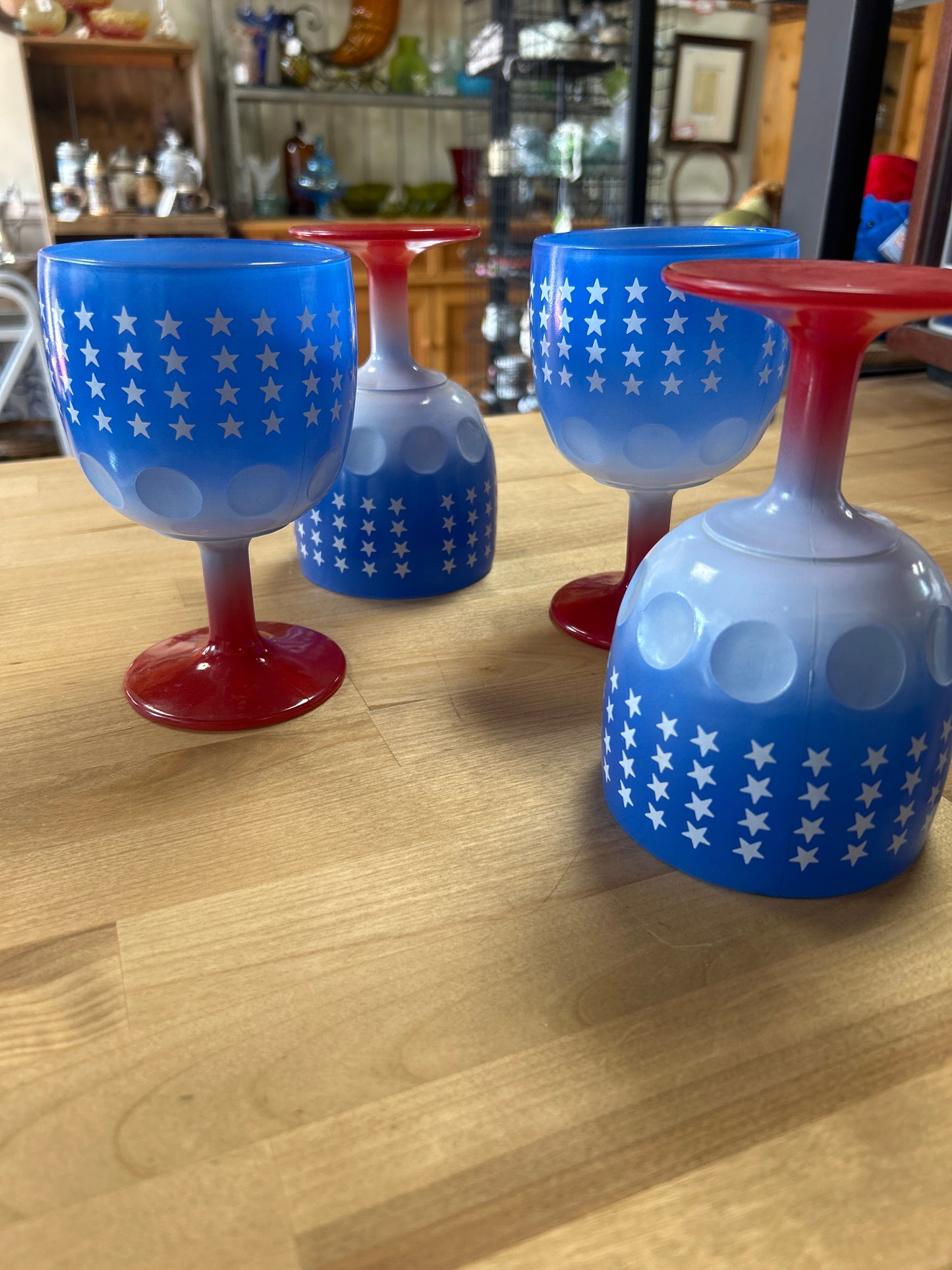 4 Vintage Bartlett Collins thumbprint coin dot goblets feature a patriotic red, white, and blue design with white stars