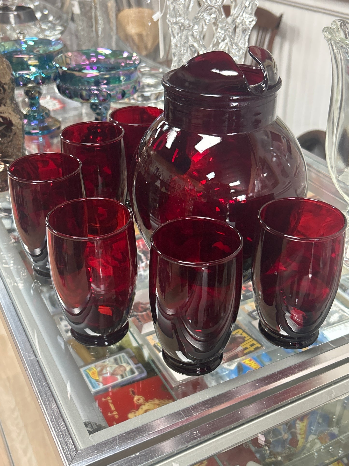 Vintage Anchor Hocking Royal Ruby Roly Poly Pitcher and 6 Glasses