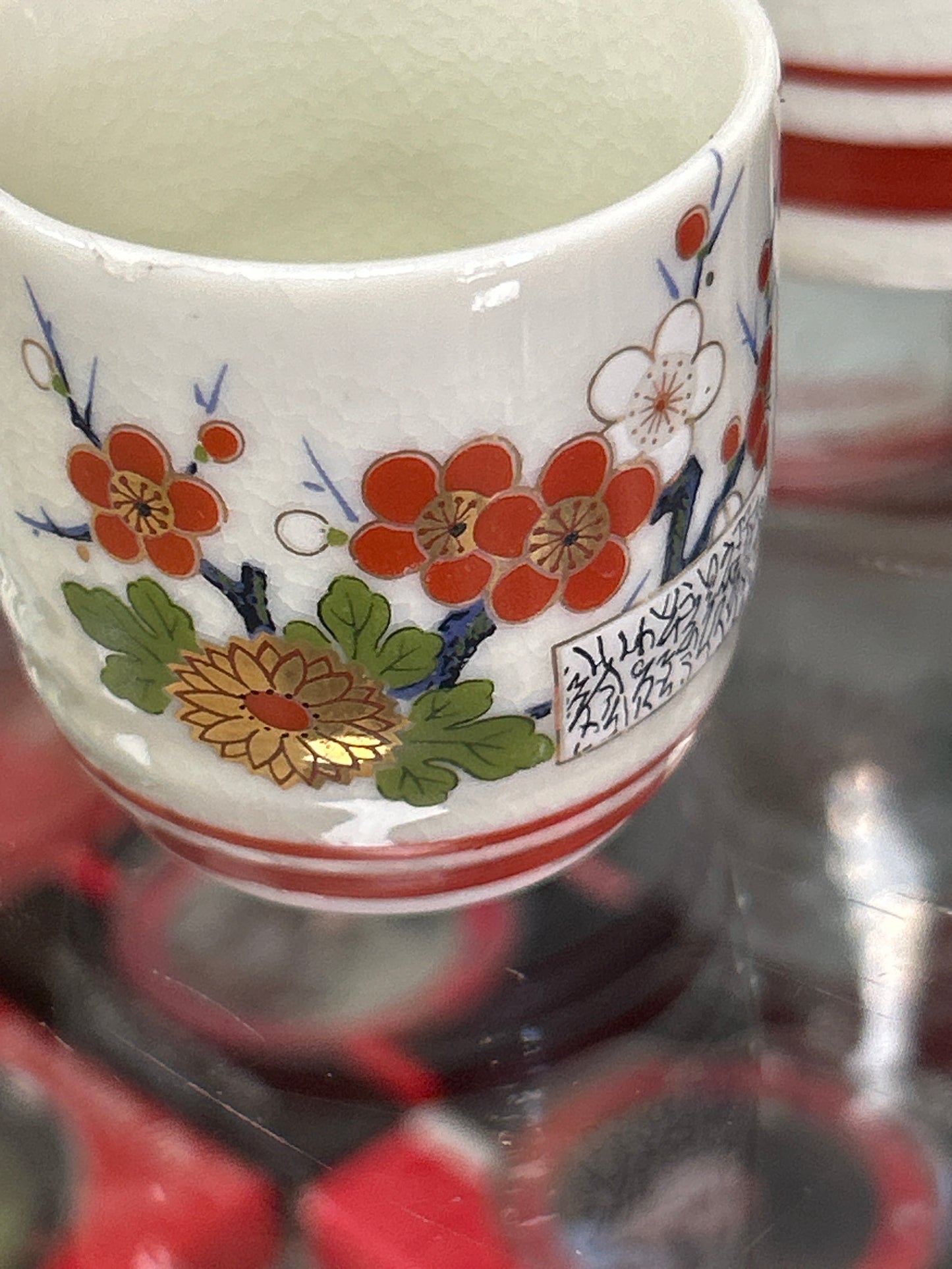 Vintage Japanese Porcelain 2 Sake Bottle Carafes and Four Matching Cups