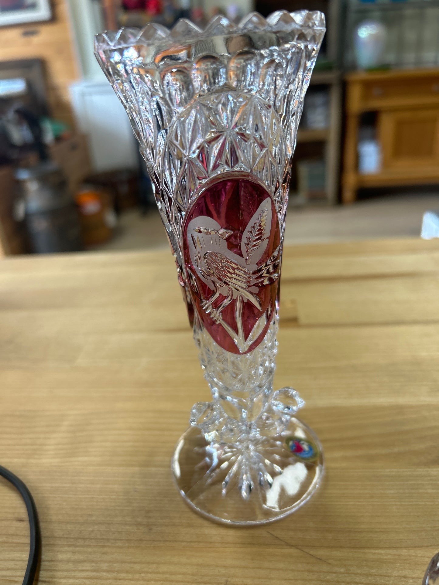 Vintage Hofbauer Byrdes German Lead Crystal Glass Ruby Red Bird Vase 7”