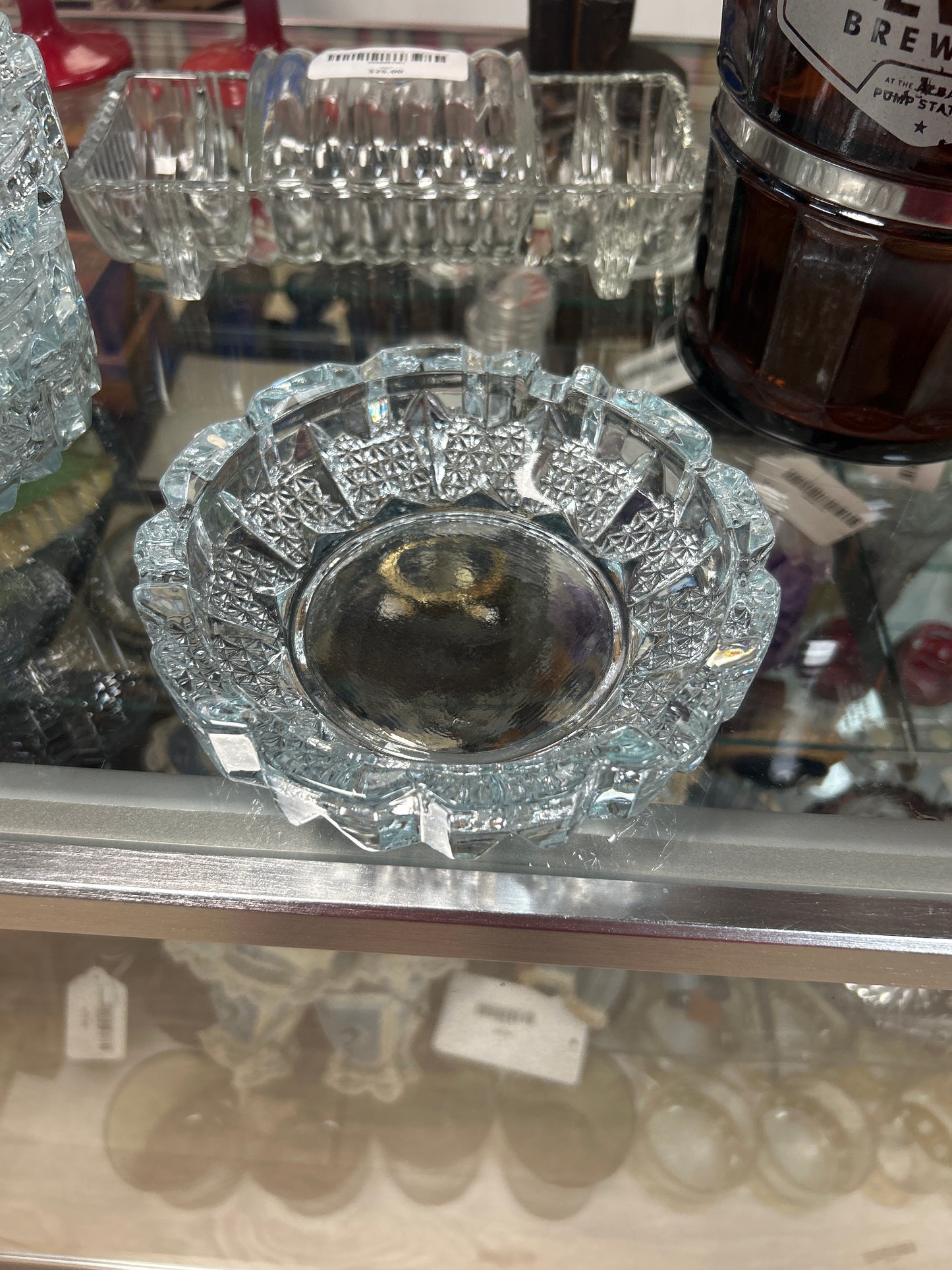 Vintage 6" Clear Cut Glass Ashtray from Indonesia with Waffle Pattern