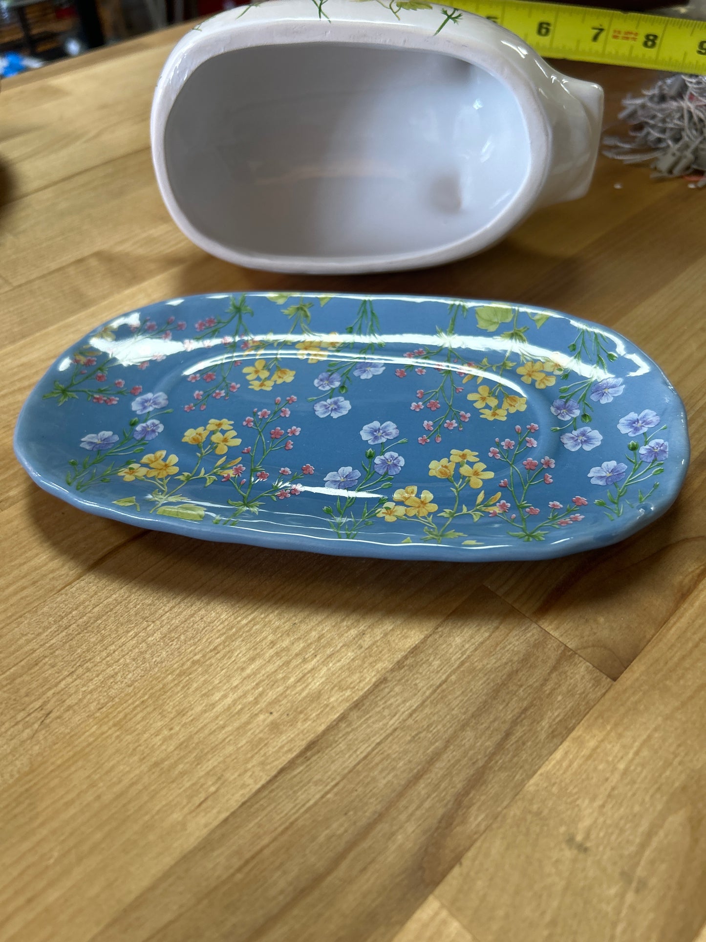 Modern Cottage Floral Pig Butter Dish Blue Base Farmhouse (small chip on nose)