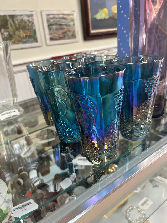 Vintage Indiana Harvest Blue Carnival Glass Tumbler Grapes w/Leaves (Set of 6)