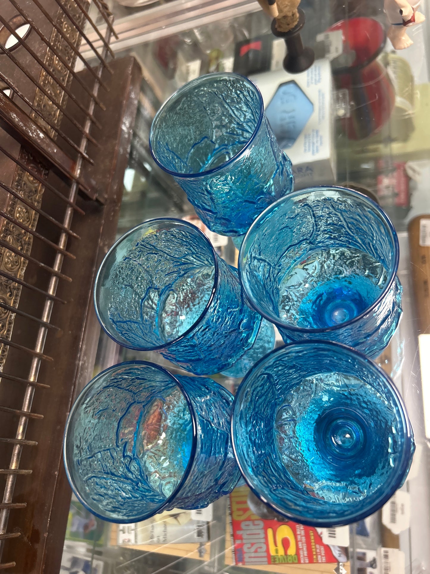 5 Vintage Footed Blue Anchor Hocking Rain Flower Tumblers