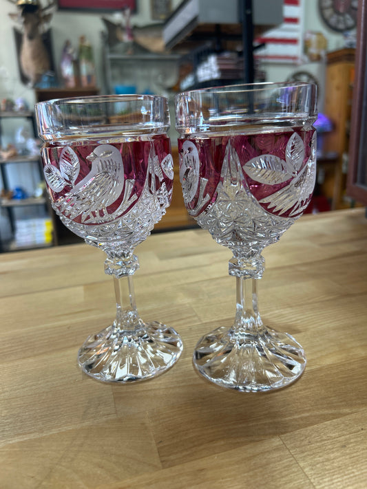 Vintage Pair of Hofbauer German Lead Crystal Ruby Byrdes Pattern Goblets