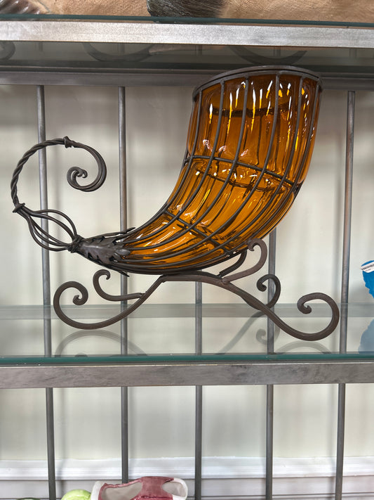 Vintage Caged Glass Amber Cornucopia Hand Blown Horn of Plenty. Metal Frame (very nice)