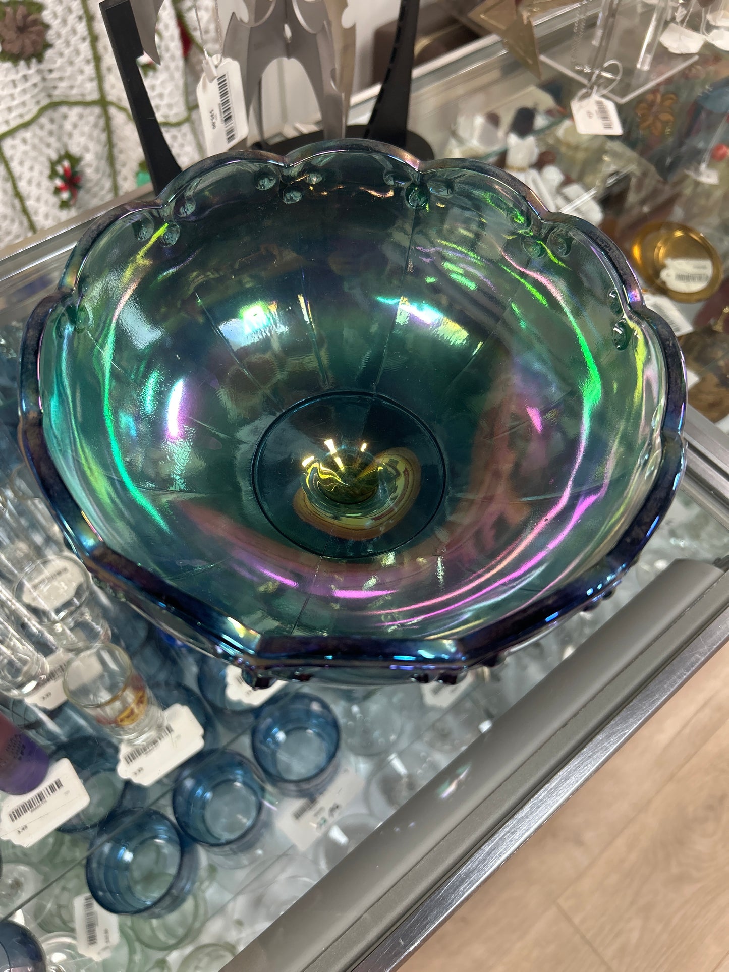 Vintage Indiana Glass Iridescent Carnival Garland Blue Compote Bowl