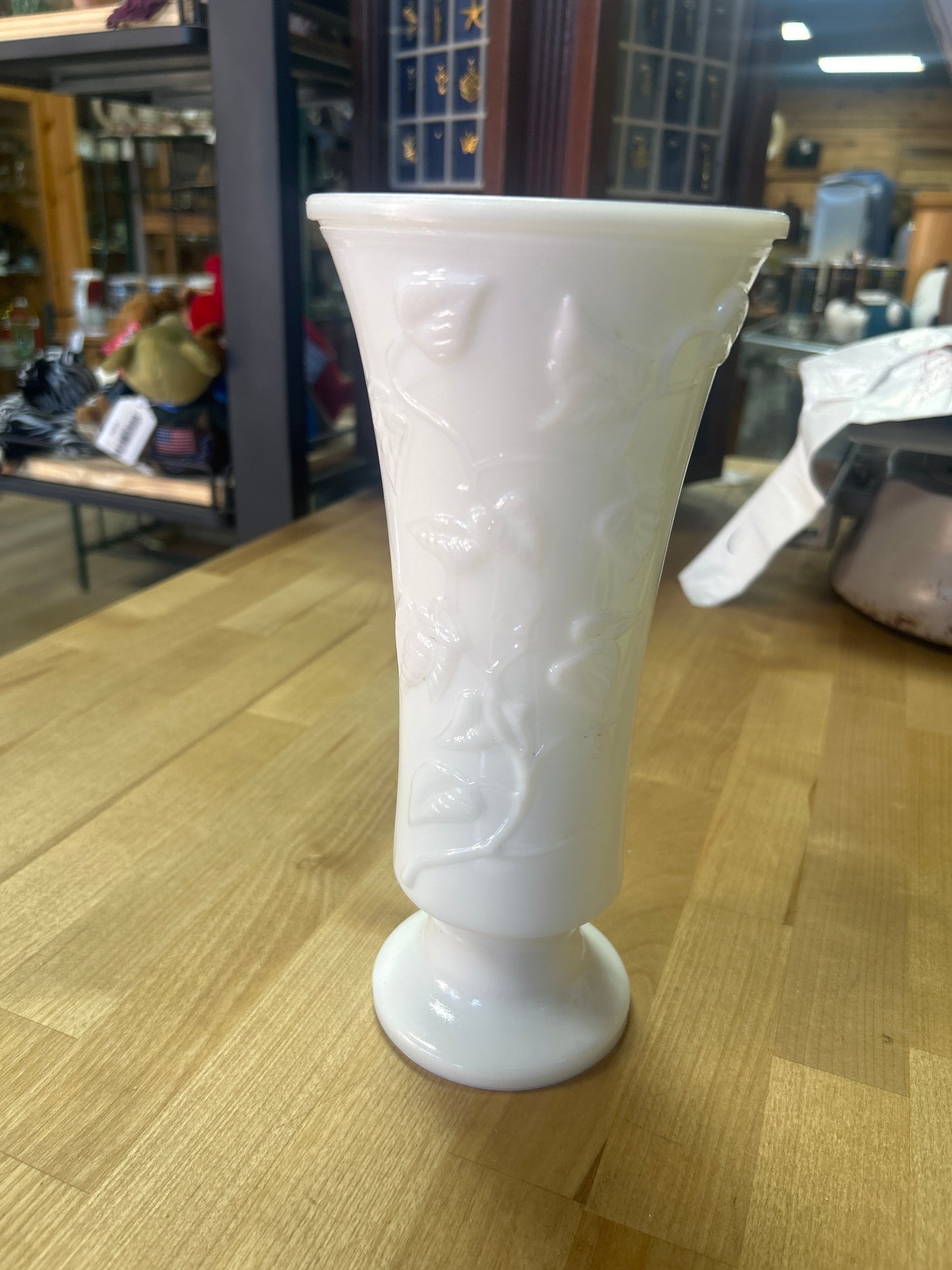 Vintage Hazel Atlas Milk Glass Vase: 1960s Ivy Bouquet Vase 9 1/2”