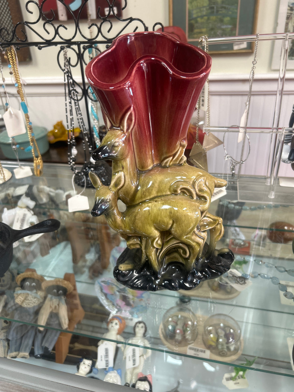 1950s Hull # 62 Tall Doe and Fawn Deer Red / Green Vase