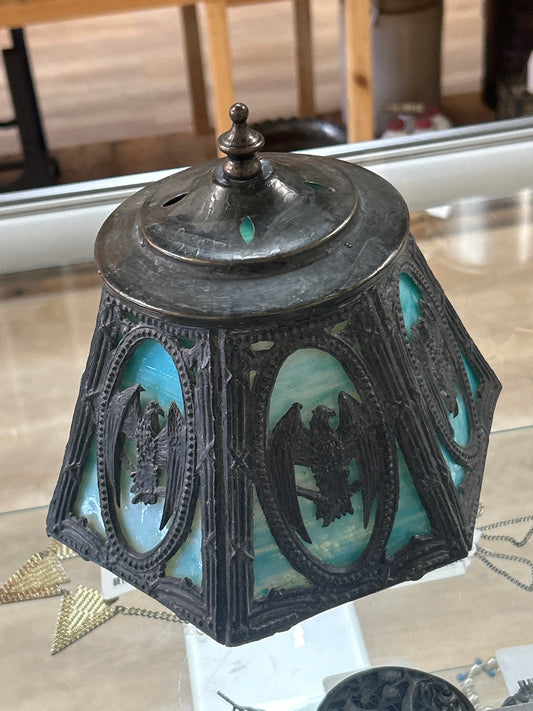 Heavy Metal and Glass Small Lamp shade 7” (crack in on glass plate) Heavy for size