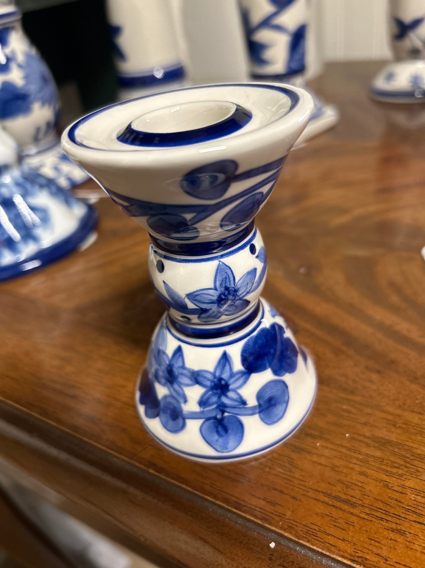 Vintage Delft Blue Floral Candlestick Holder 4”