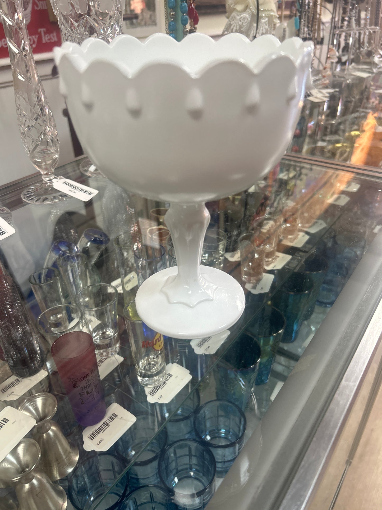VTG INDIANA WHITE MILK GLASS TEAR DROP CANDY COMPOTE PEDESTAL BOWL DISH 7.5"