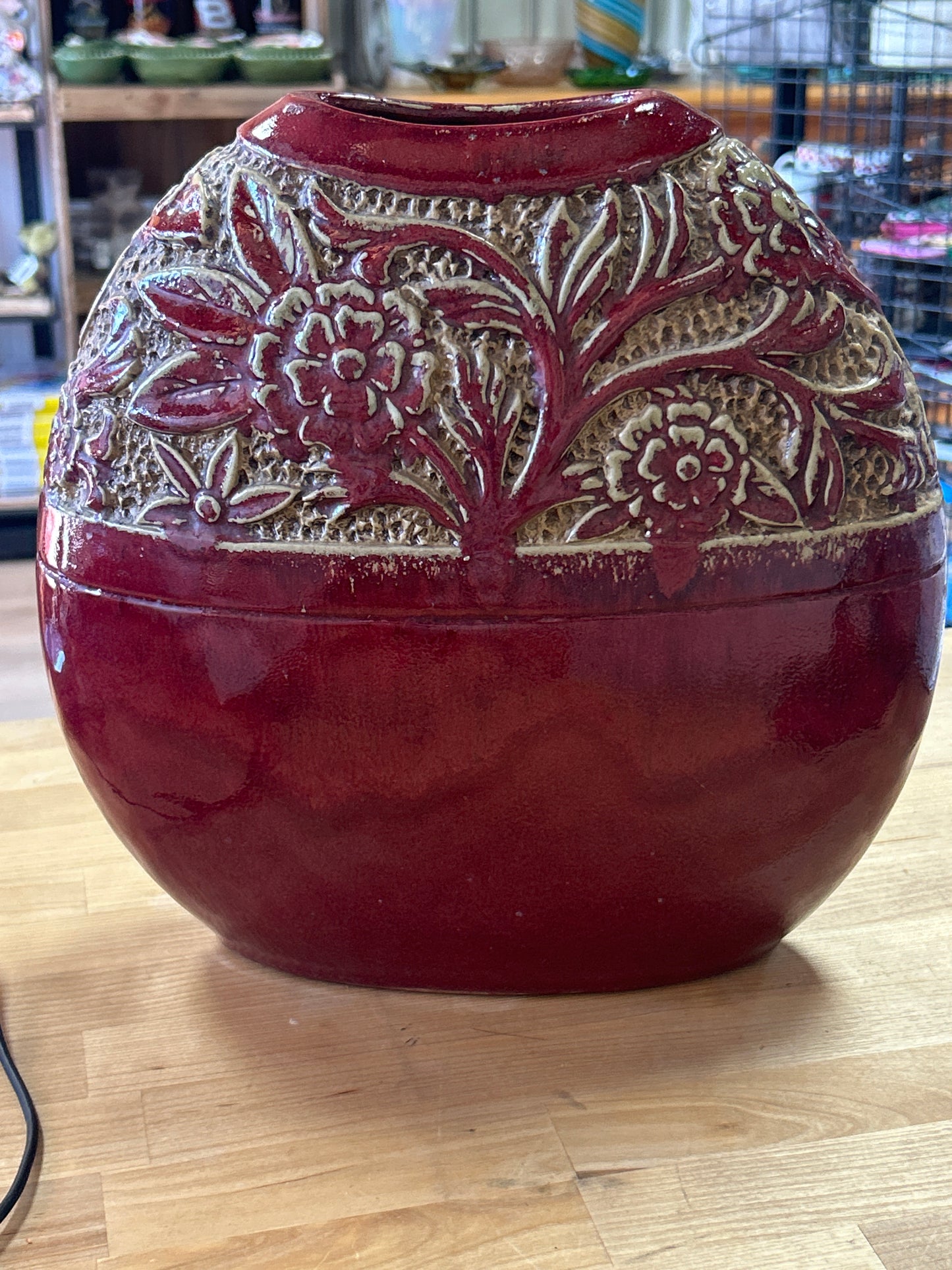Vintage red beige oval large vase with flowers