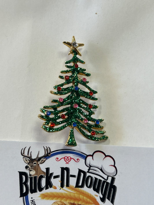 Vintage Green Glitter Christmas Tree Brooch Multicolor Rhinestone Unmarked Pin