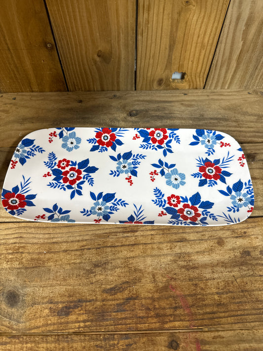 Red White and Blue Floral Melamine Rectangular Plate NOT Dishwasher or Microwave Safe