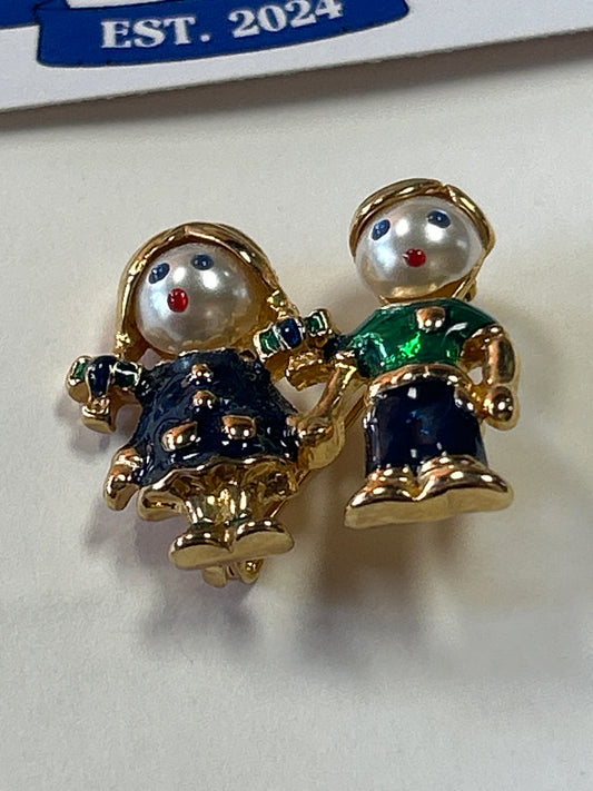 Boy & Girl Pin Brooch Goldtone Faux Pearl Children Faces Enamel Pig Tails