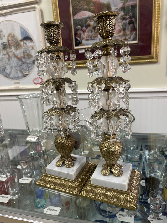 Pair of Vintage Hollywood Regency Style Ornate Gold cast Brass w/ Marble Base Candlestick Holders