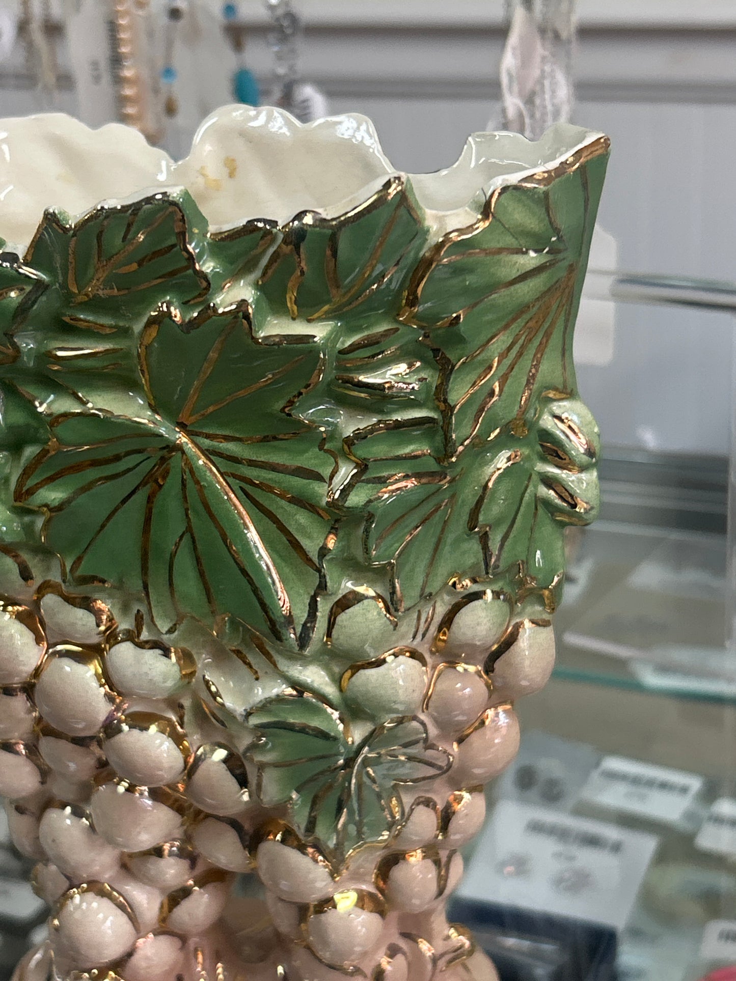 Vintage 1950s McCoy Art Pottery Vase With Grapes, Vines, and Leaves (small repair)