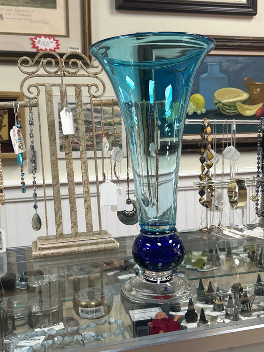 Vintage TRI BLUE AQUA COLORS  Studio Art Glass Tulip 14.5” Vase  "Hand Blown"
