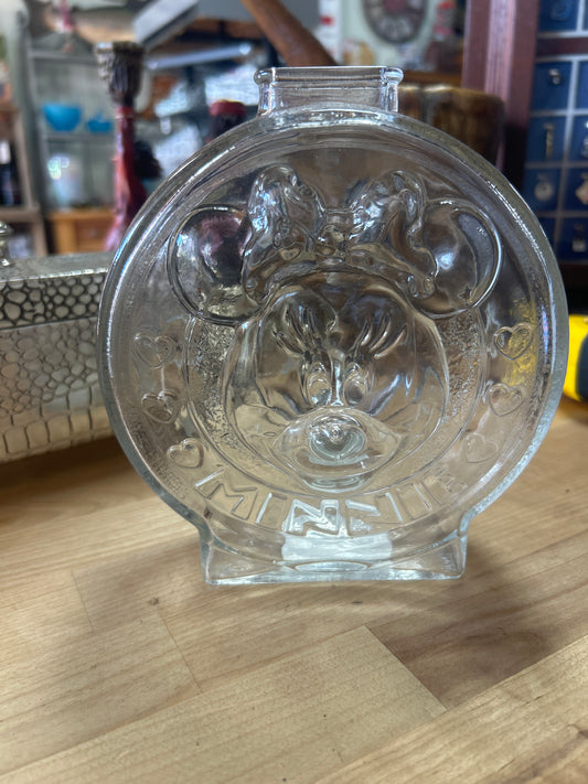 Anchor Hocking Mickey & Minnie Mouse Glass Piggy Bank Coin Bank Vintage 7” Tall