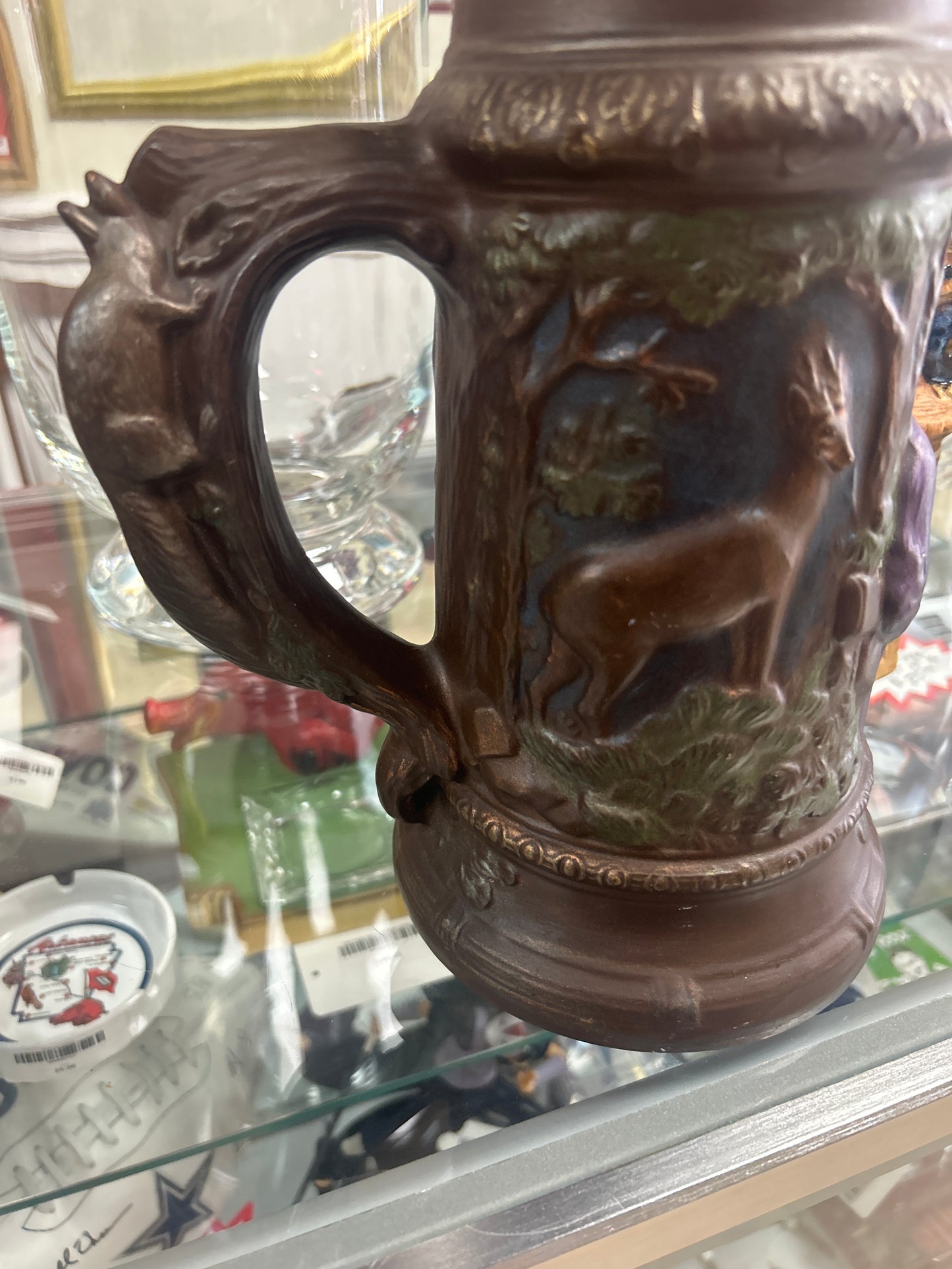 Large Vintage And Unique Ceramic Beer Stein With Man, Elk, Deer and Squirrel.