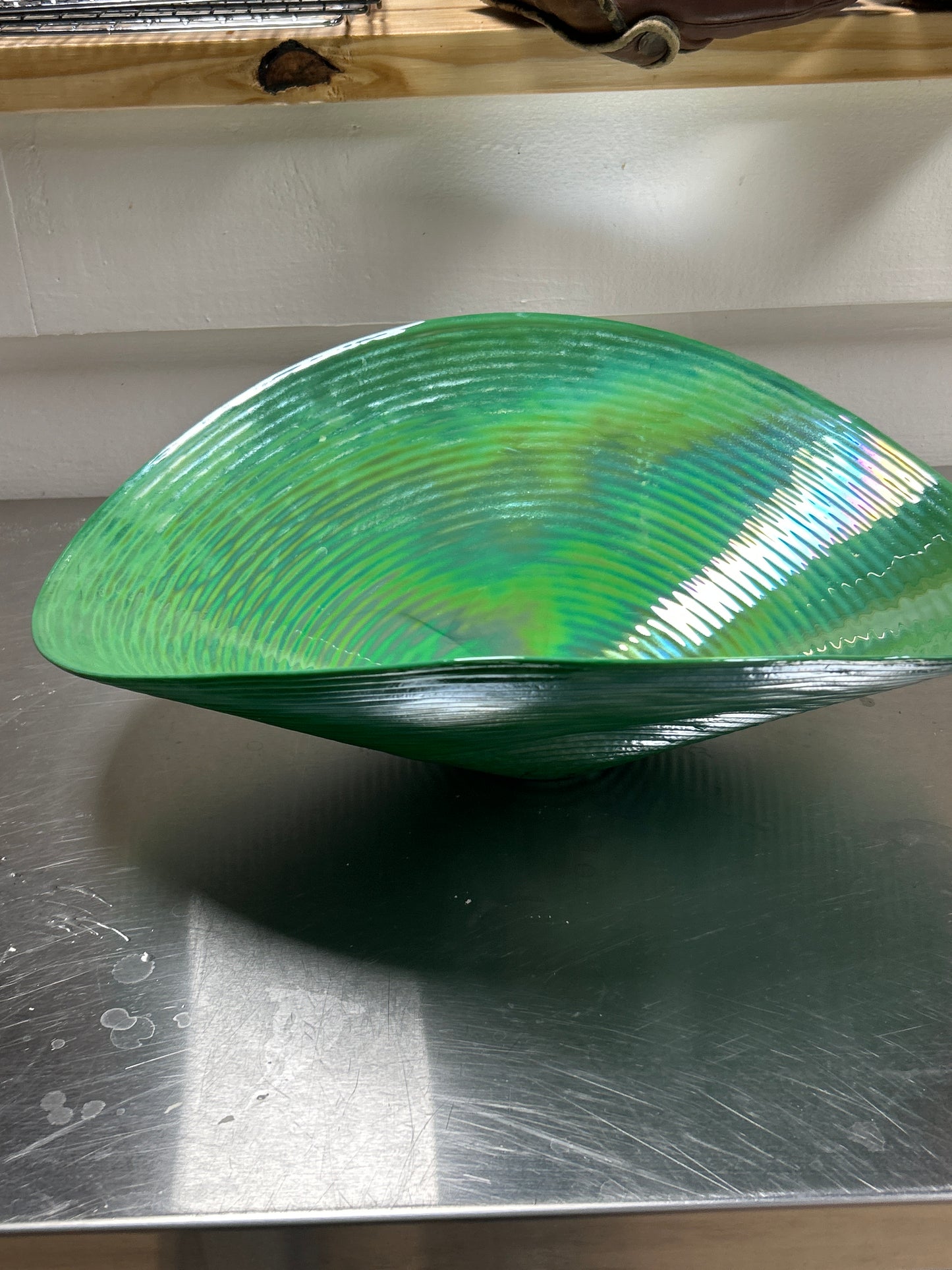 Large green iridescent glass bowl