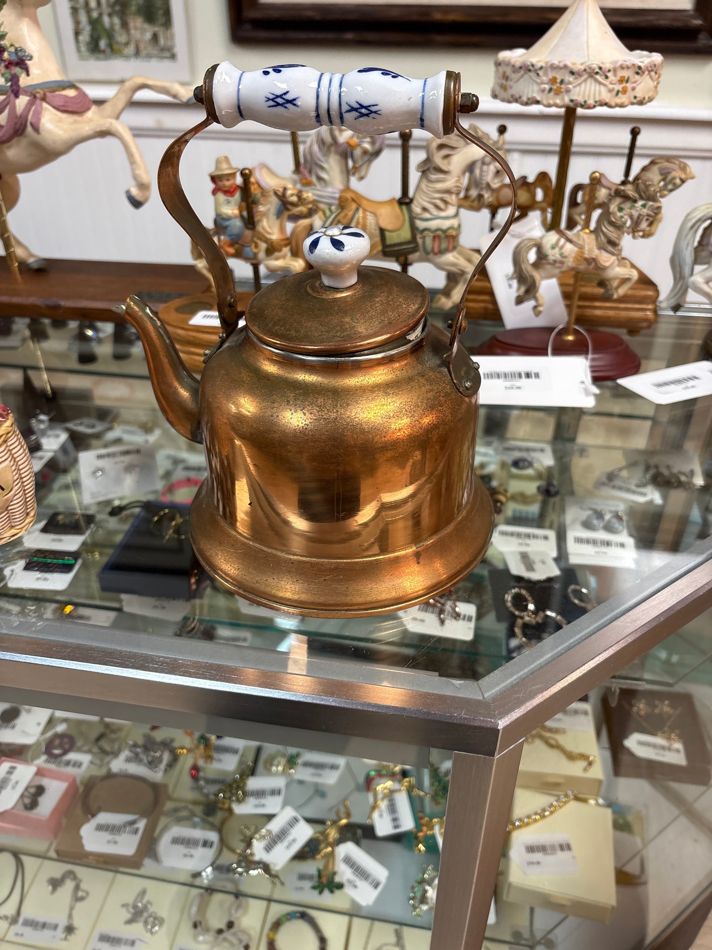 Vintage Copper and Ceramic Tea Pot with Blue and White Handle