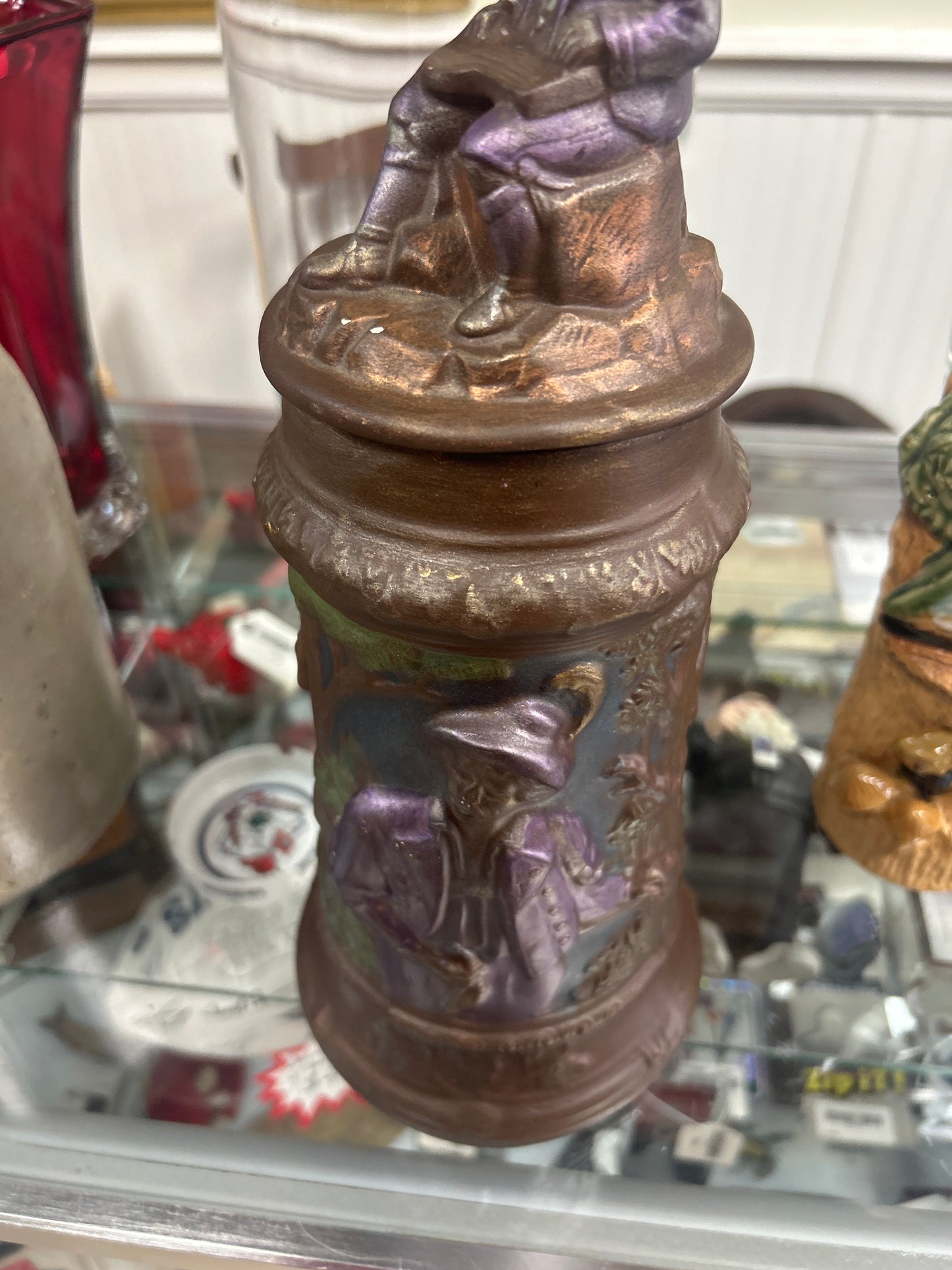 Large Vintage And Unique Ceramic Beer Stein With Man, Elk, Deer and Squirrel.