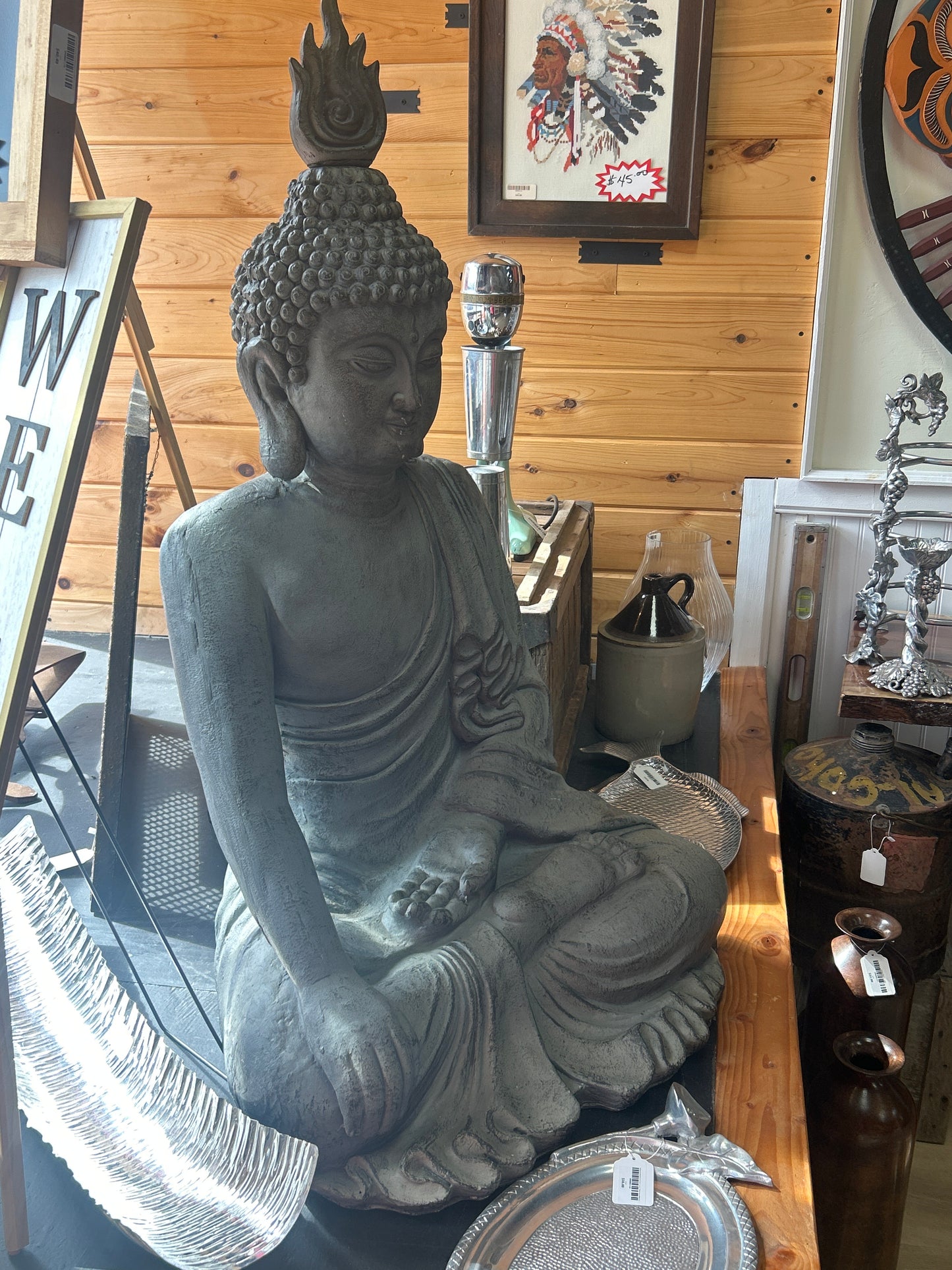 John Timberland Large Sitting Buddha Statue Sculpture Zen Asian Garden Decor Indoor Outdoor Front Porch Stone Gray Finish 42" Tall