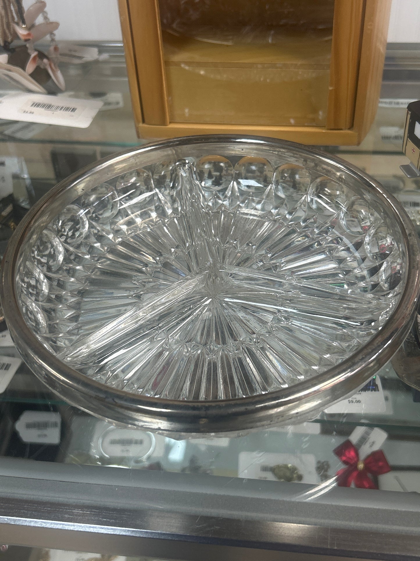 Leonard Silverplate Rimmed Crystal Relish 3 Part Dish 9" x 1 7/8"