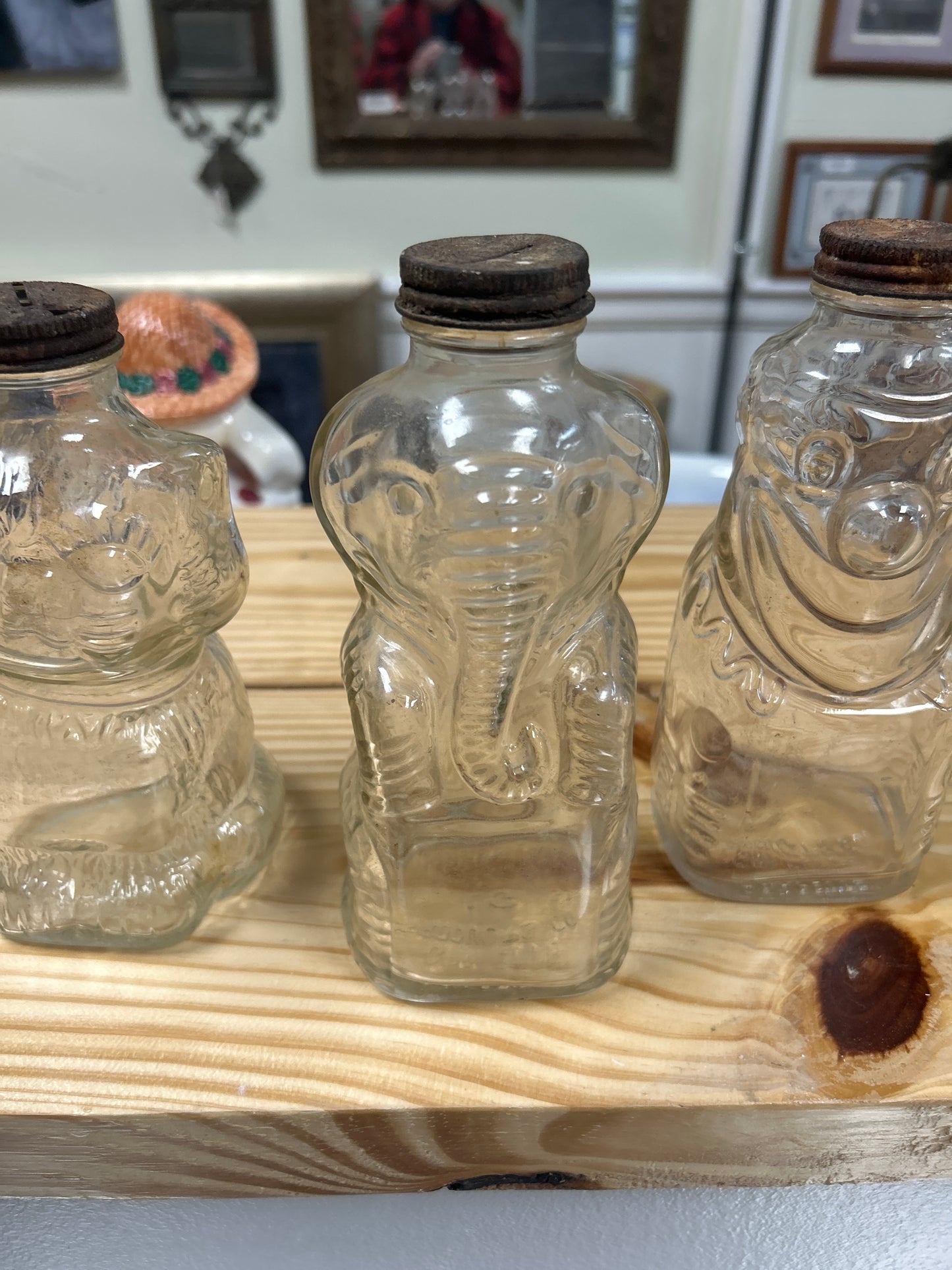 1940’s Grapette Cat, Elephant and Clown - Bank - Clear Glass Bottle (set 3)