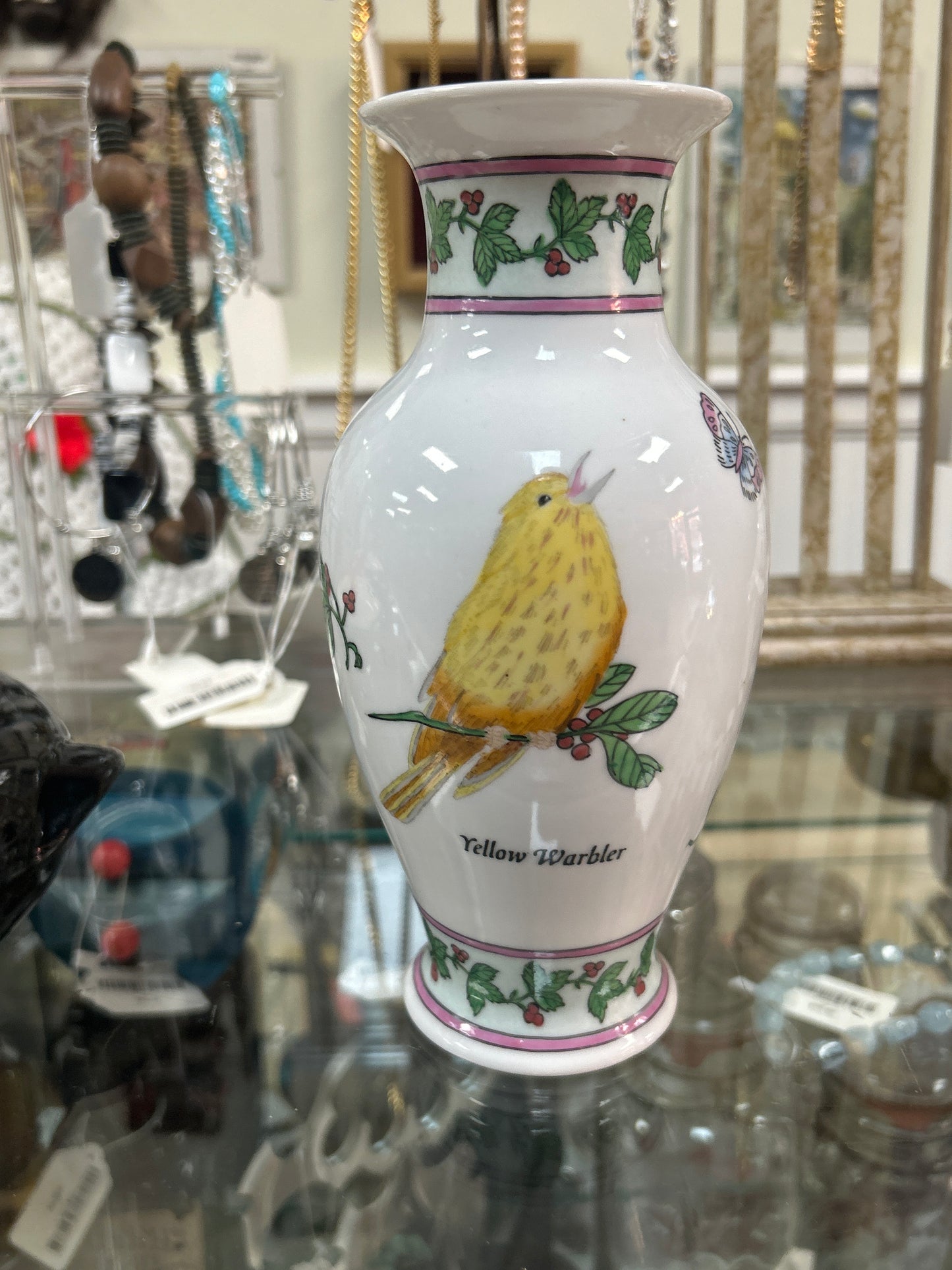 PRETTY WINTERTHUR PORCELAIN VASE WITH w/ Yellow Warbler and Butterflies