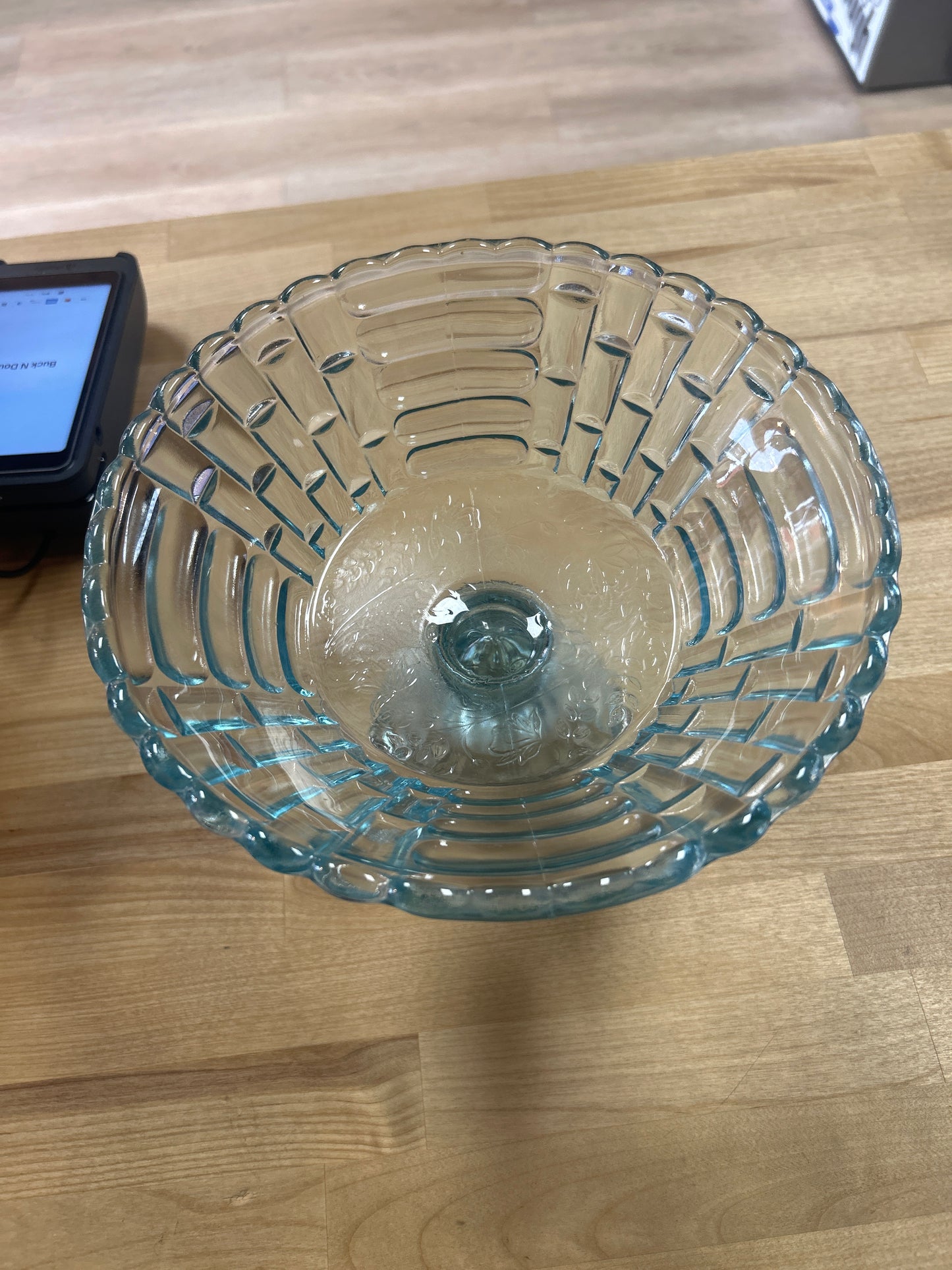 JEANETTE GLASS CO. ICE BLUE LOUISA BASKET WEAVE COMPOTE