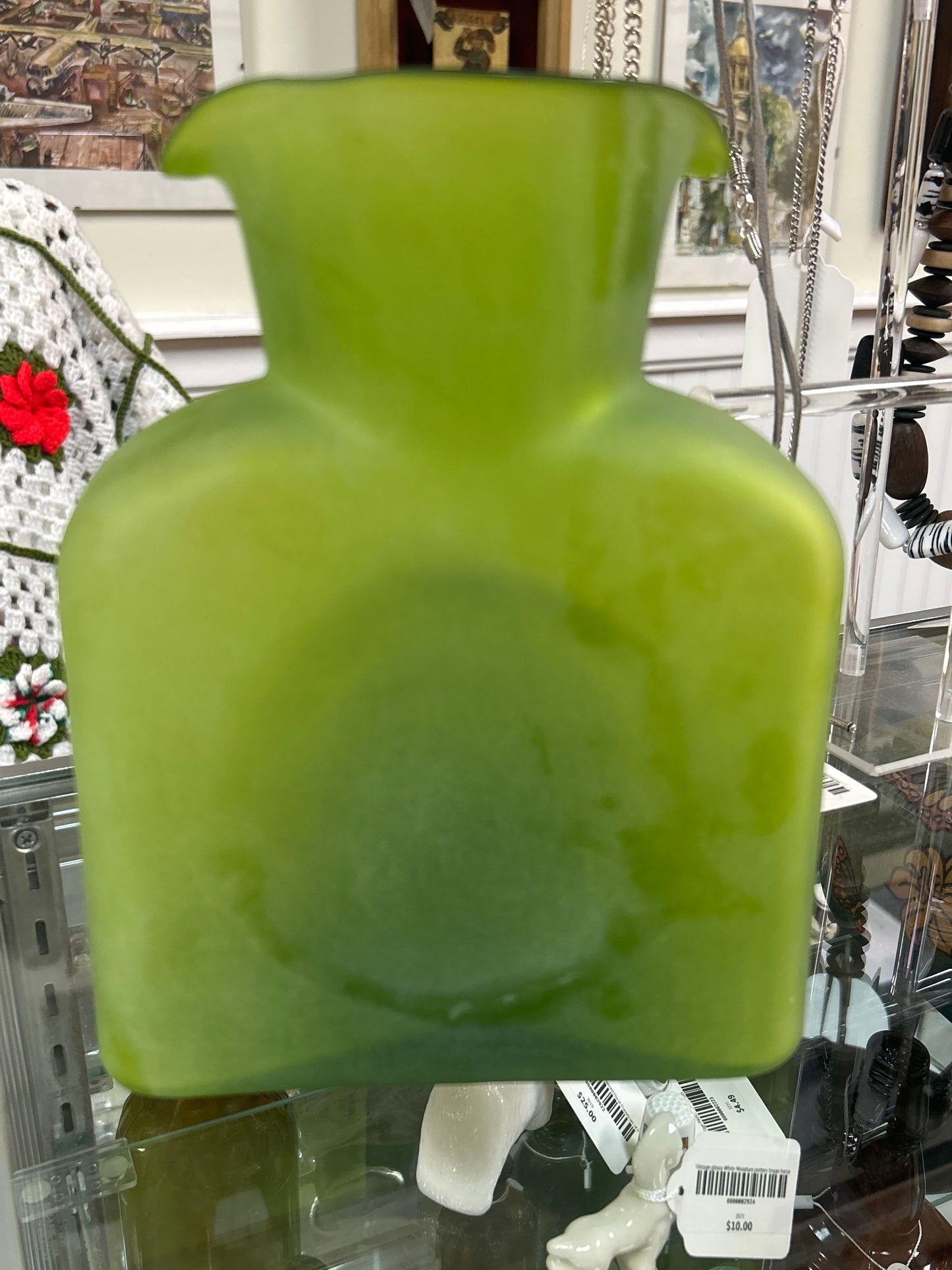 Vintage Blenko Frosted Green Double Spout Carafe 8”
