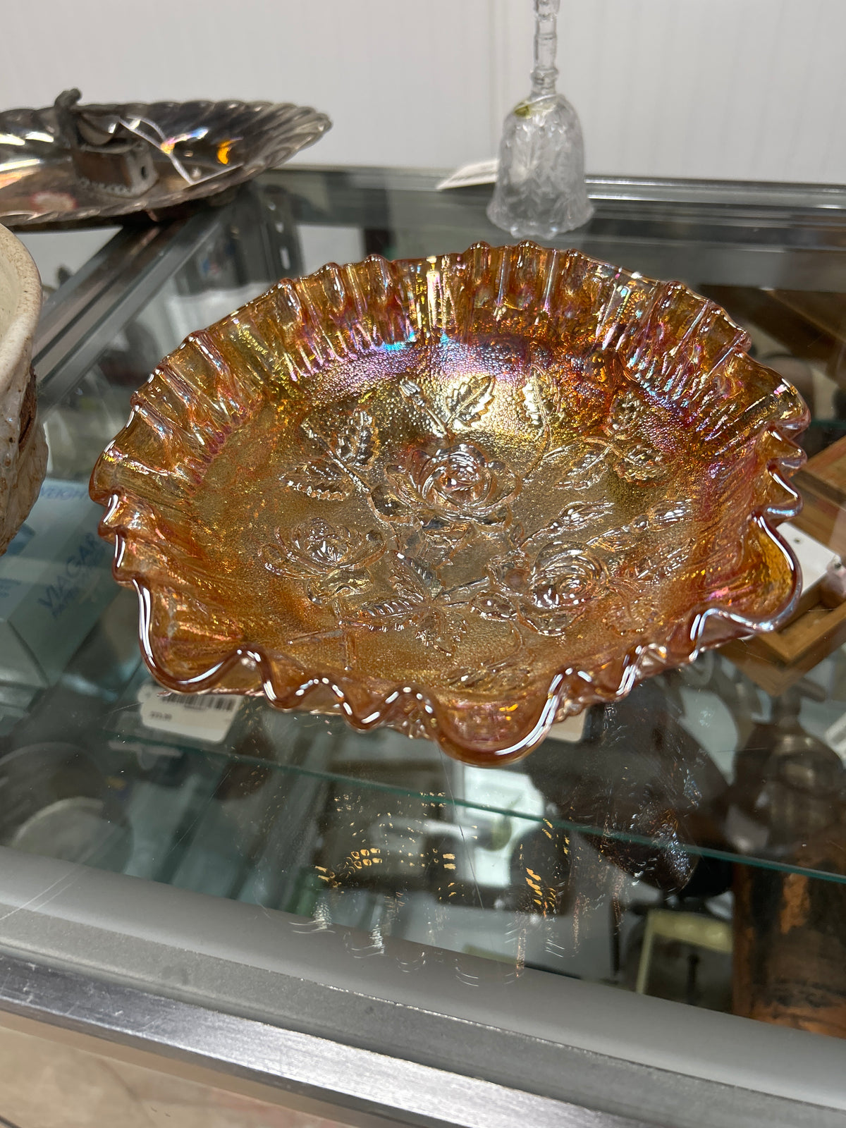 IMPERIAL "OPEN ROSE" MARIGOLD CARNIVAL GLASS 3 IN 1 EDGE FOOTED BOWL - IG